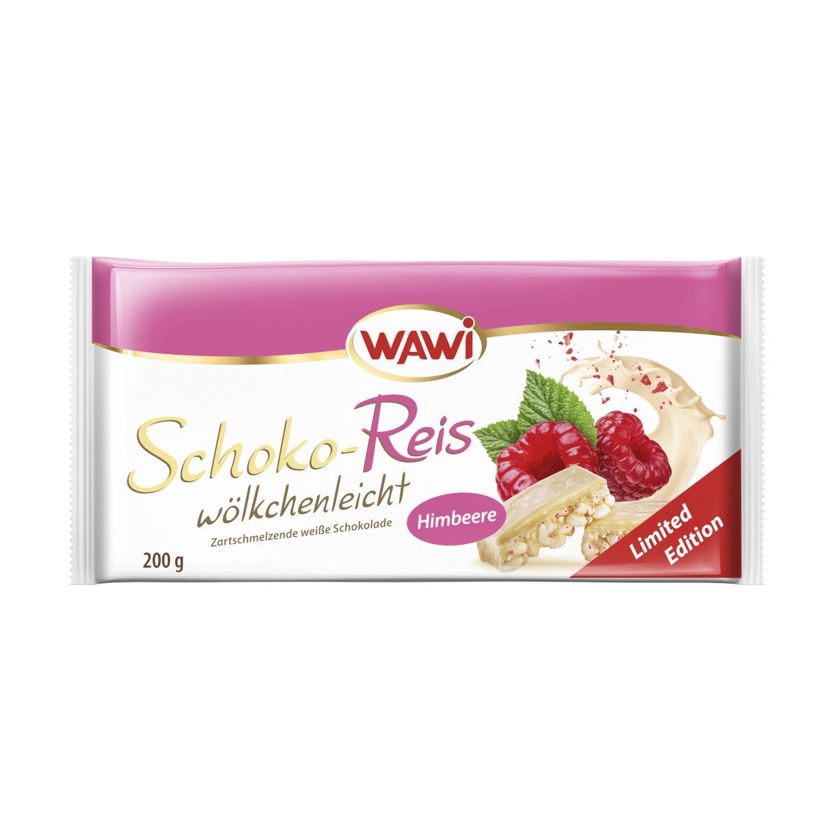 WAWI Schokolade, Wawi Schoko Reis Tafel weiße Schokolade fruchtige Himbeere 200g