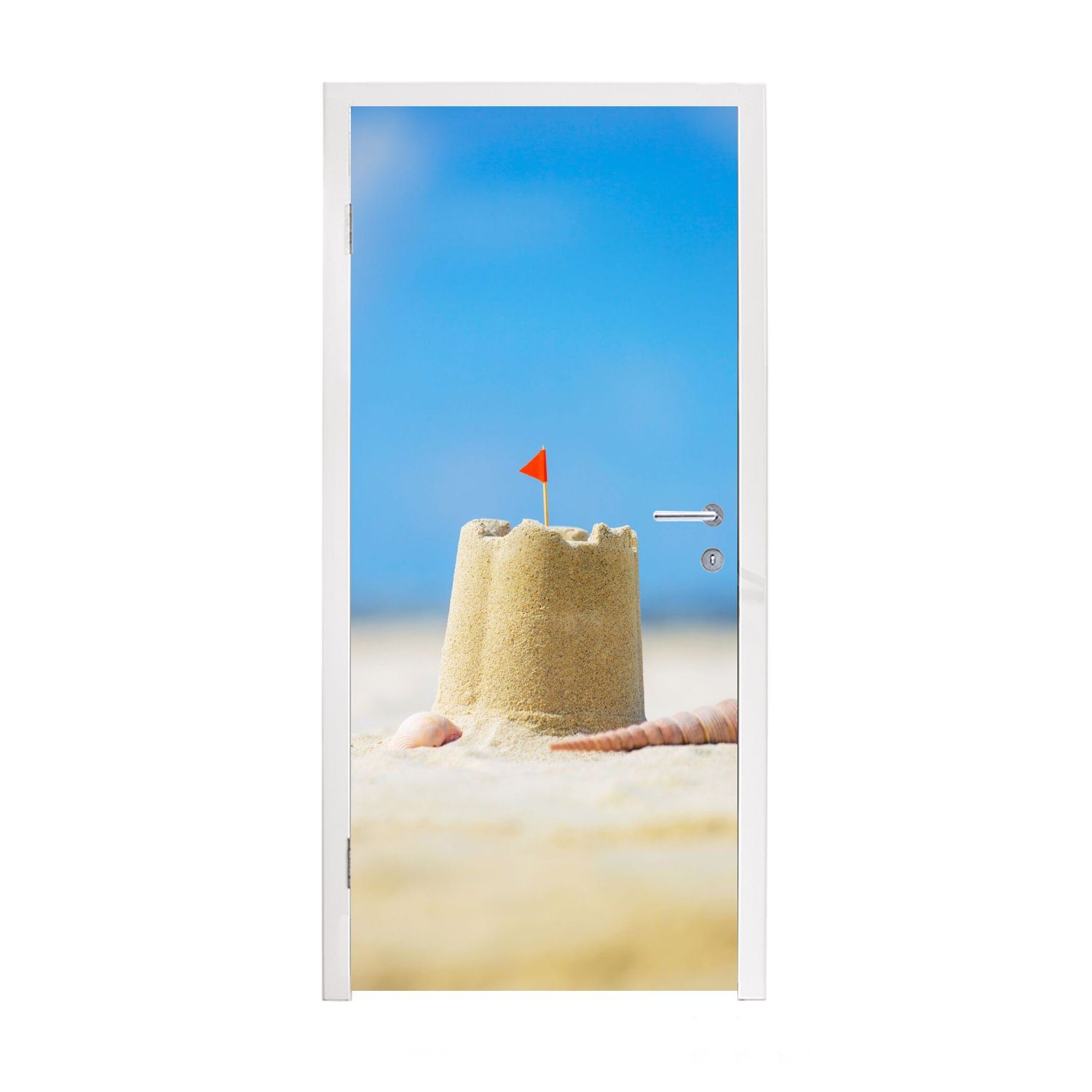 MuchoWow Türtapete Sandburg - Strand - Muscheln - Sommer, Matt, bedruckt, (1 St), Fototapete für Tür, Türaufkleber, 75x205 cm