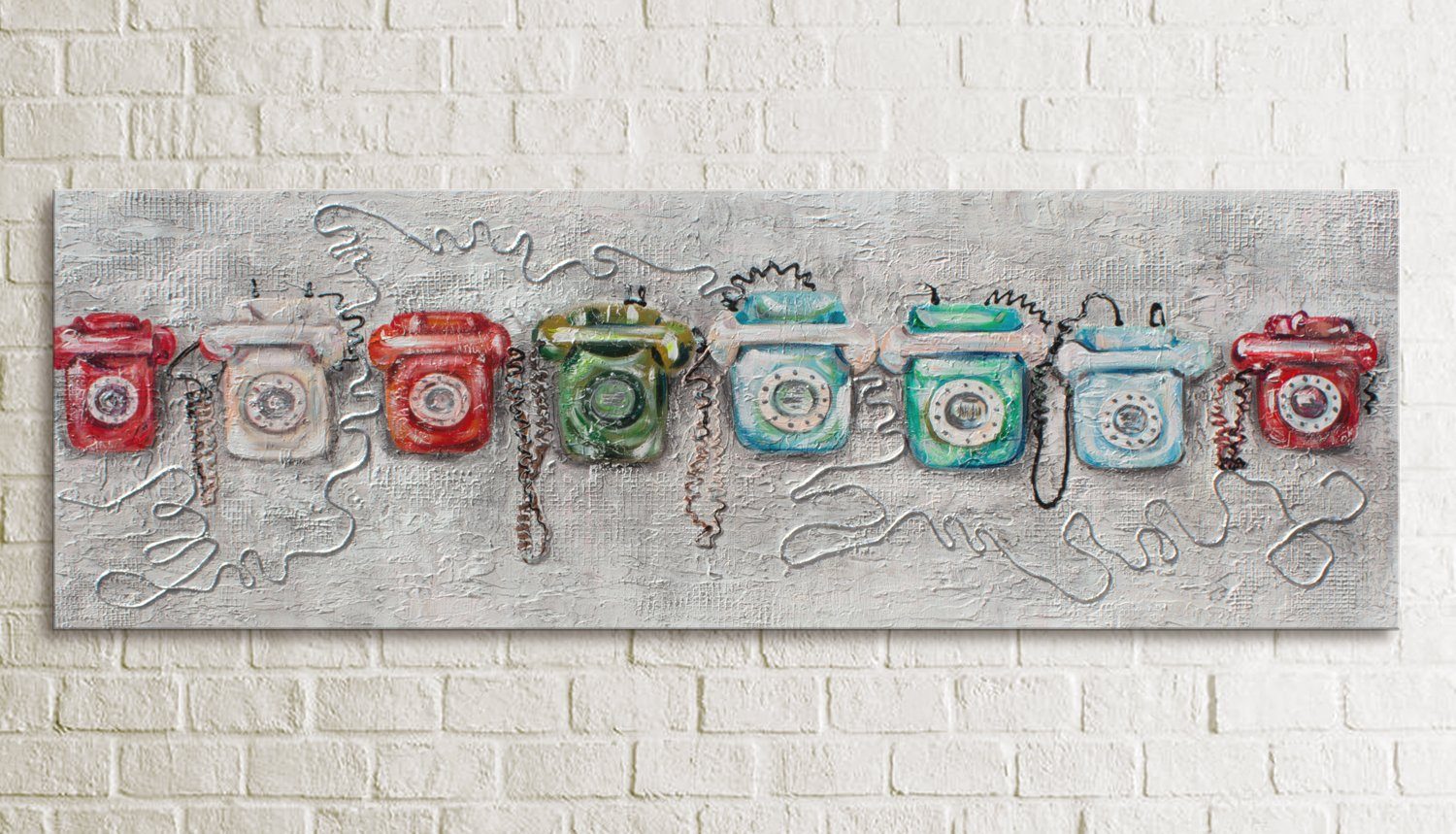 Connect, Technik, mit Schnur Leinwand YS-Art Telefone Abstrakt Bunte Gemälde Handgemalt Bild