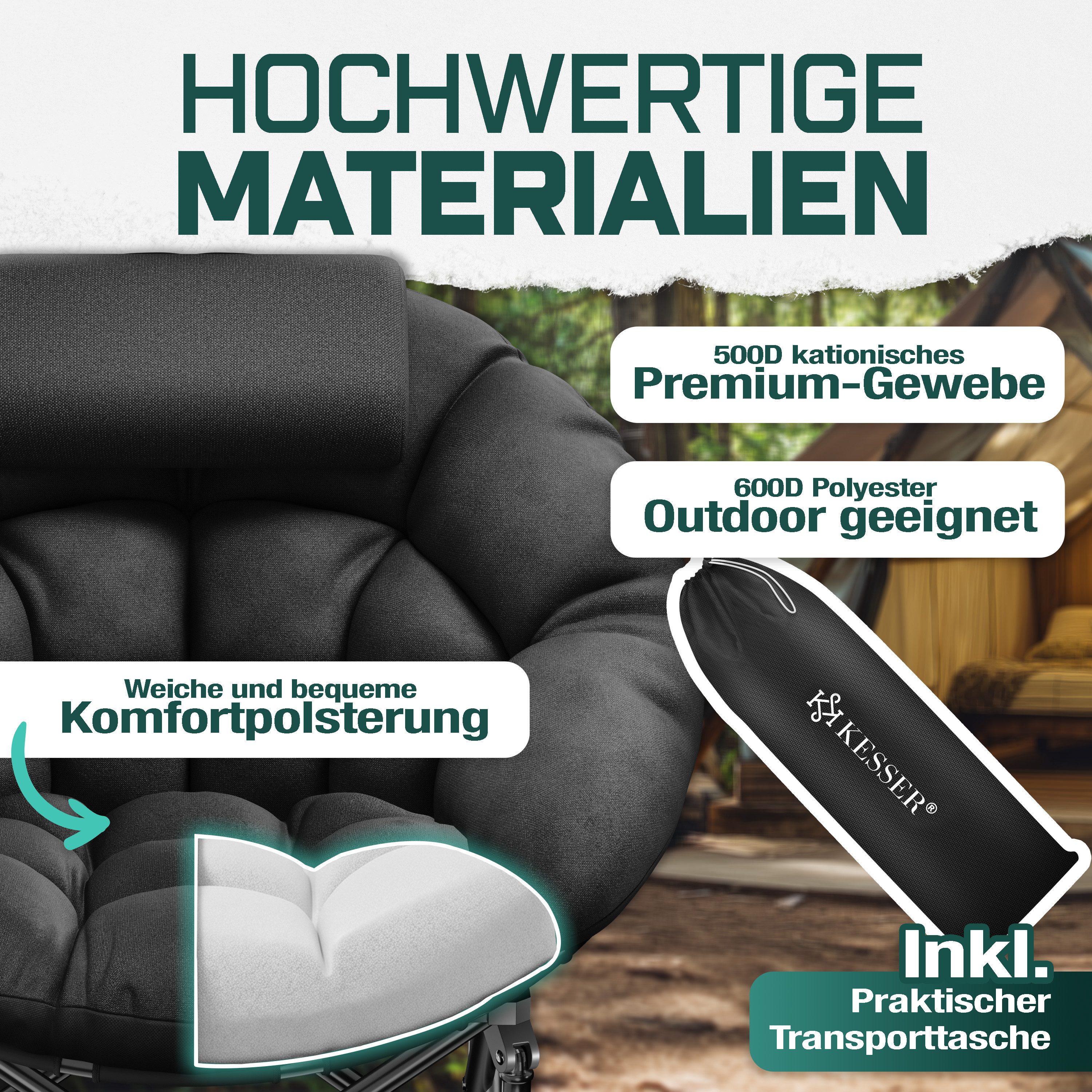 KESSER Campingstuhl Chillexer faltbar 150 kg Klappstuhl mit Kissen, Seitentasche & Cover, Relaxstuhl Outdoor + Indoor für Camping, Angeln, Festival, Strand