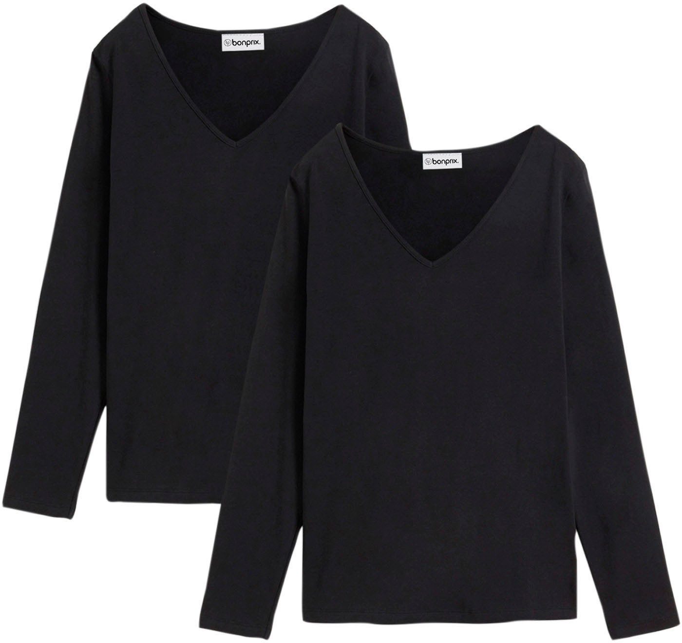 bonprix Langarmshirt (Packung, 2-tlg., 2) Slim fit Passform, mit V-Ausschnitt, aus Baumwolle und Elasthan