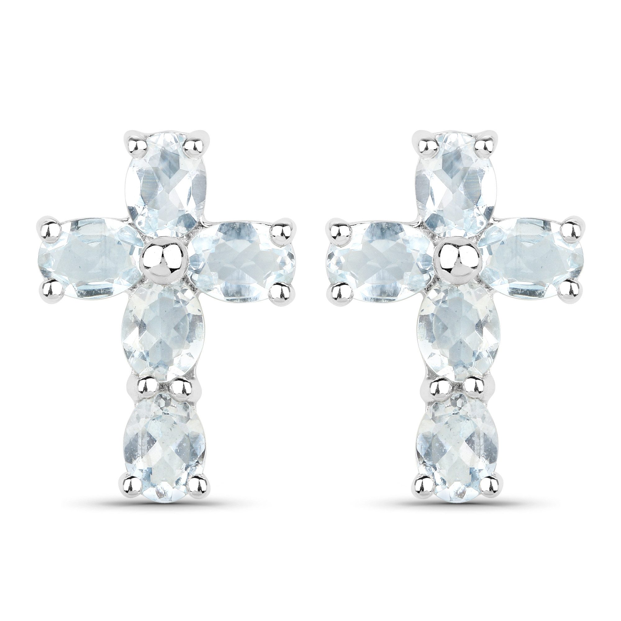 Vira Jewels Paar Ohrstecker Silber 925 rhodiniert Kreuz-Motiv mit echten Aquamarin-Steinen