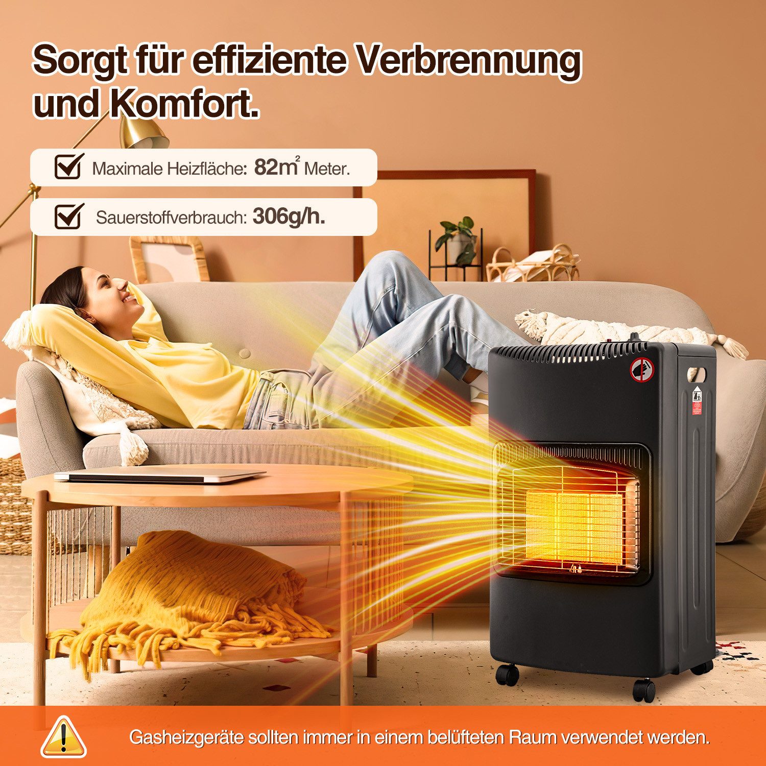 Clanmacy Heizgerät Keramik-Gasheizofen, 4200W mobil, Schwarz, Gasdruckregler, 42x36x73cm, 4200 W