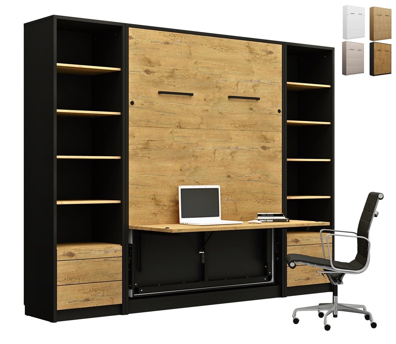 QMM TraumMöbel Schrankbett Wandbett GN120x200 mit Schreibtisch, LED & 2 Regalen vertikal Farbauswahl
