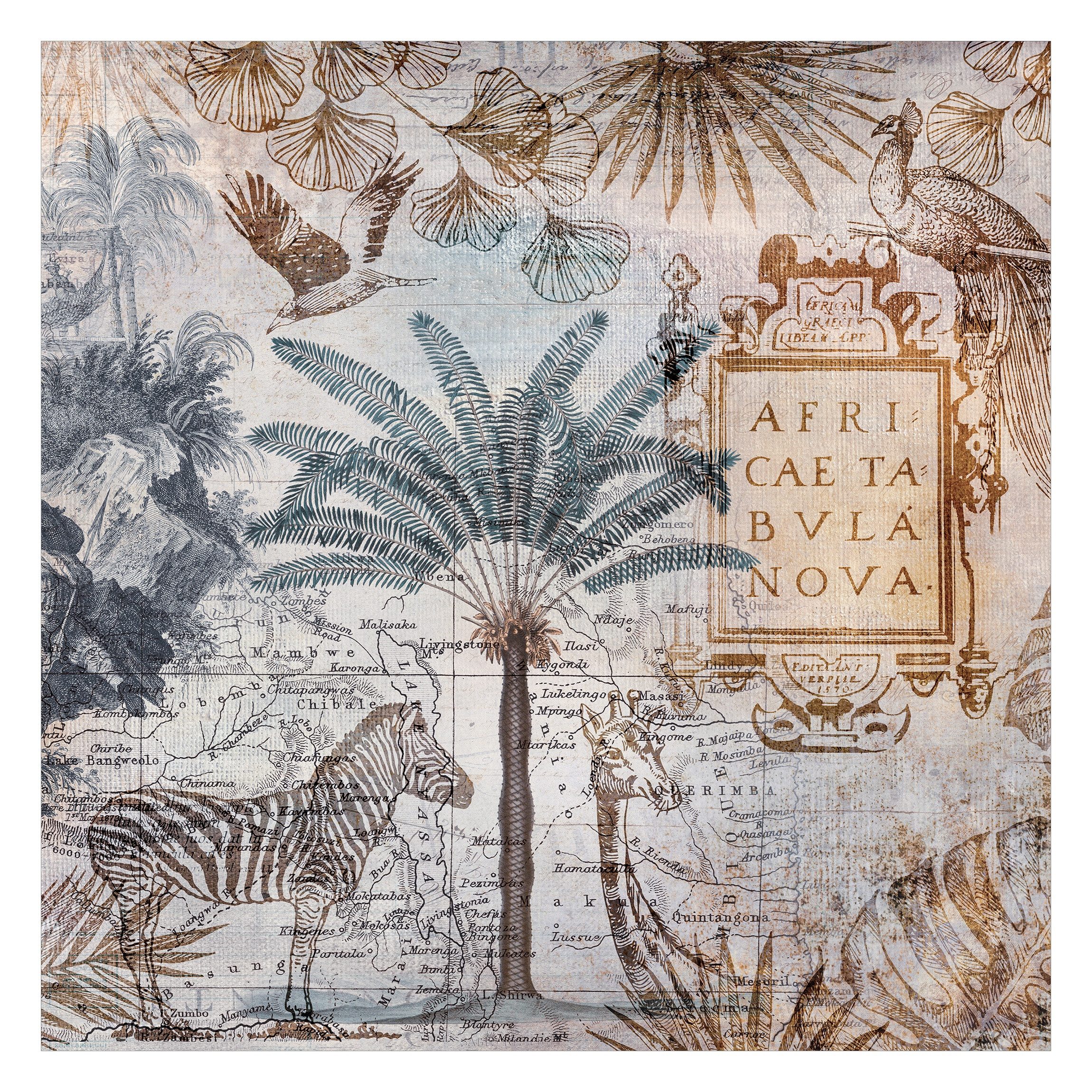 Bilderdepot24 Fototapete Weltkarte Vintage Landkarte Afrika Tiere Palme Tropisch Giraffe, Glatt, Matt, (Vliestapete inkl. Kleister oder selbstklebend), Wohnzimmer Schlafzimmer Küche Flur Motivtapete Vliestapete Wandtapete