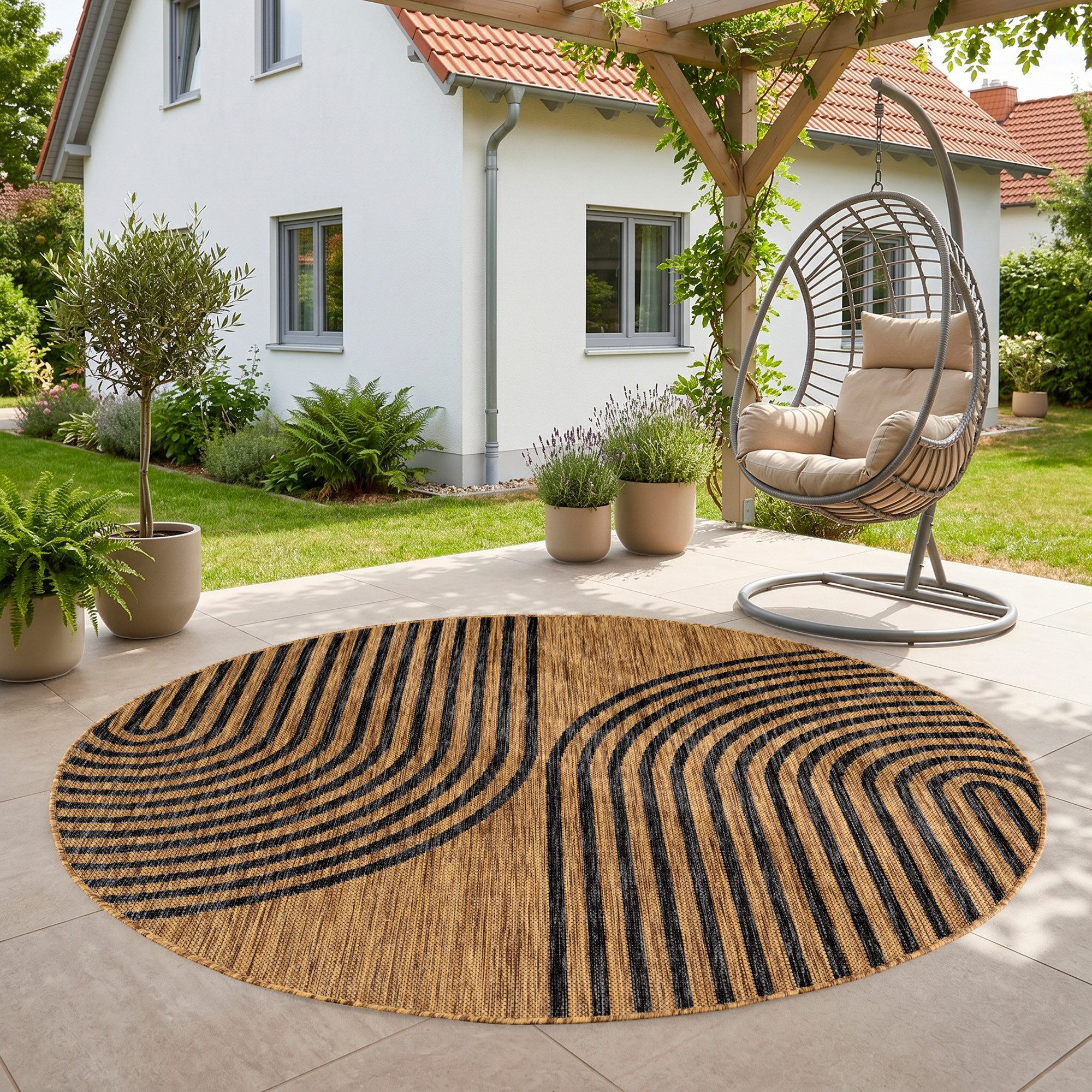 SIMPEX24 Outdoorteppich Geometrisch, Rund, Höhe: 3 mm, Teppich Wetterfest Waschbar Balkon, Garten, Terrasse und Küchenteppich