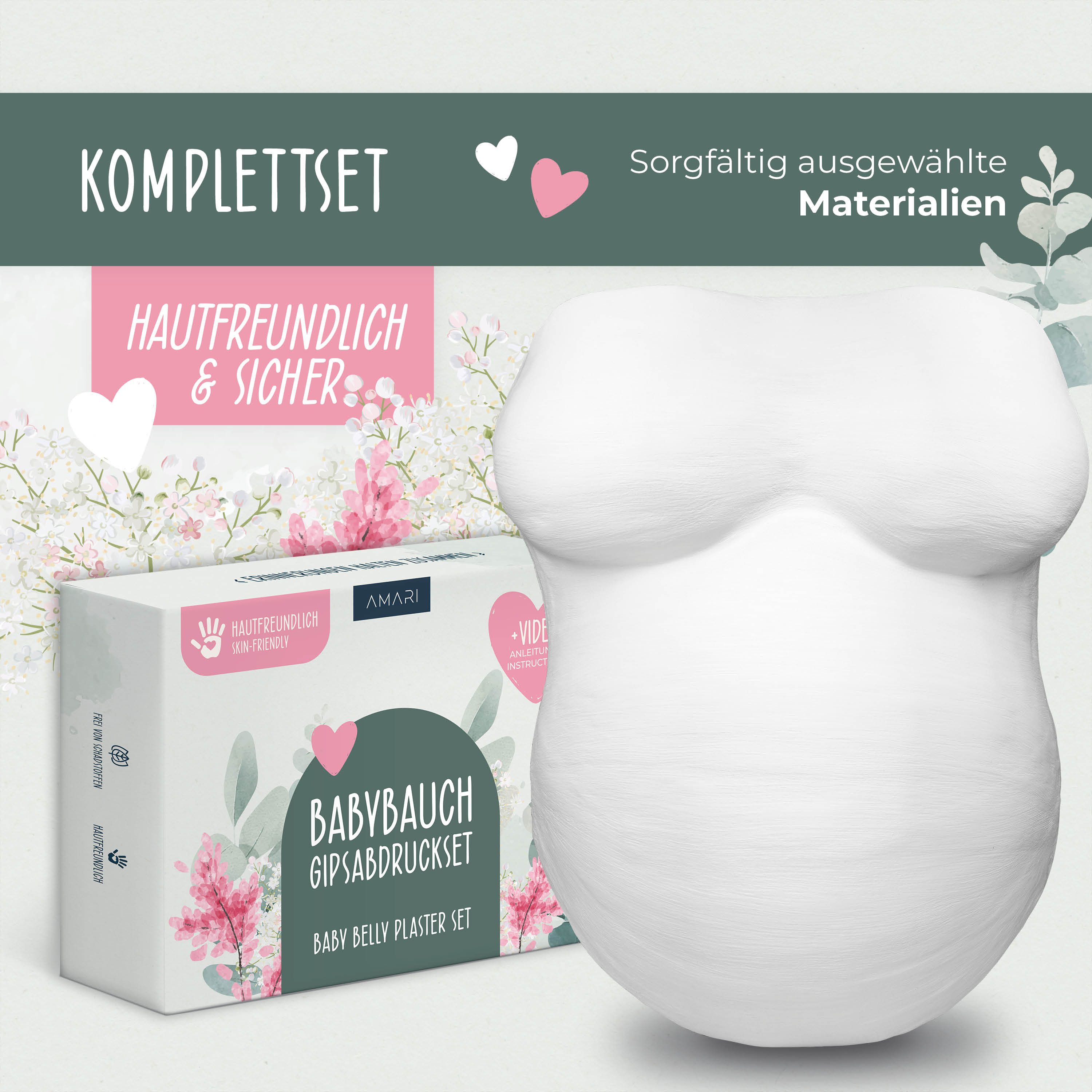 Amari Kreativset Gipsabdruck Babybauch Set - Geschenk Schwangerschaft als Erinnerung, (DIY Gipsabdruck Set), Komplettes Set für einen Babybauch Abdruck