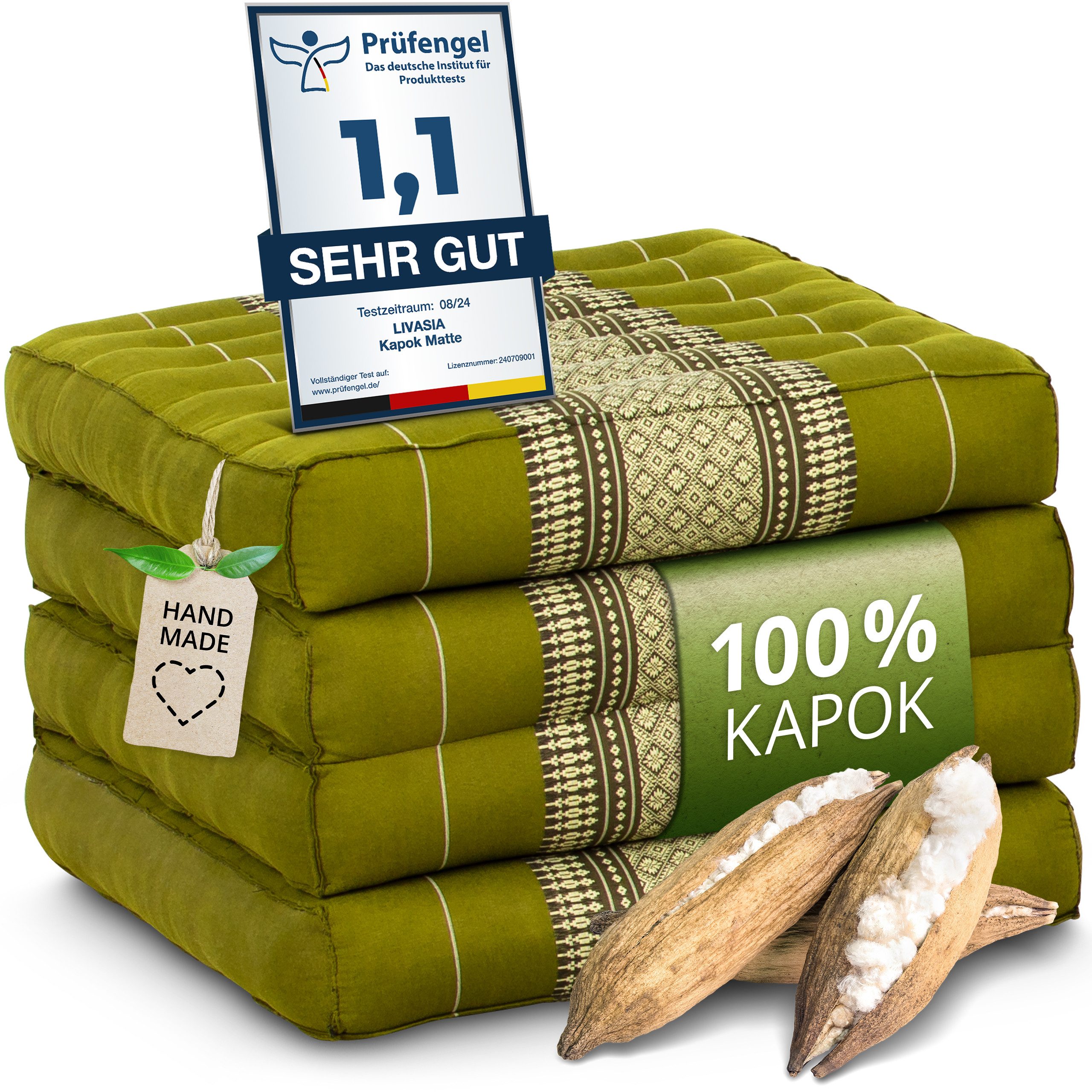 Klappmatratze 50 cm breit (Classic) - 200x50x8cm - Faltmatratze, livasia, 8 cm hoch, Kapok, vegan, handgefertigt