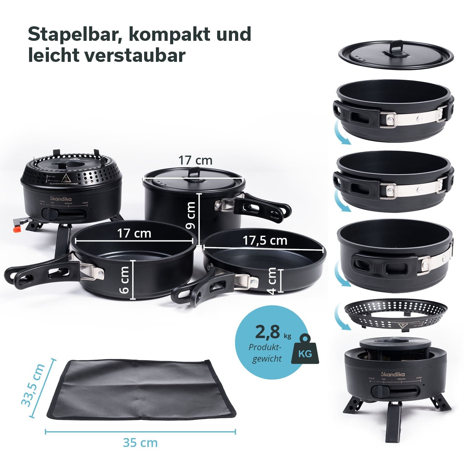 Skandika Gaskocher Campingkocher Hybrid Rask Set, mit Geschirr, Topf und Pfanne, (Alle Teile platzsparend ineinander stapelbar, Tragetasche), 2 in 1 Betrieb mit Strom oder Gas, Set mit Unterlage & Tasche