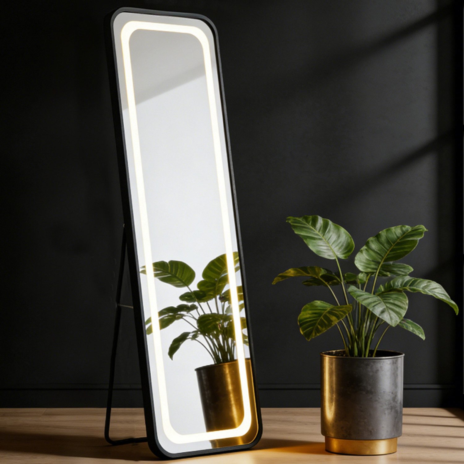 WILGOON Spiegel Ganzkörperspiegel mit LED-Licht 150×45 cm – Stand- oder Wandmontage (Eckiger Spiegel mit Stufenlos dimmbarer Beleuchtung, 3 Lichtfarben & Touch-Schalter für Schminken und Ankleiden), Schlanker Aluminiumrahmen, Schwarz – für Schlafzimmer & Flur
