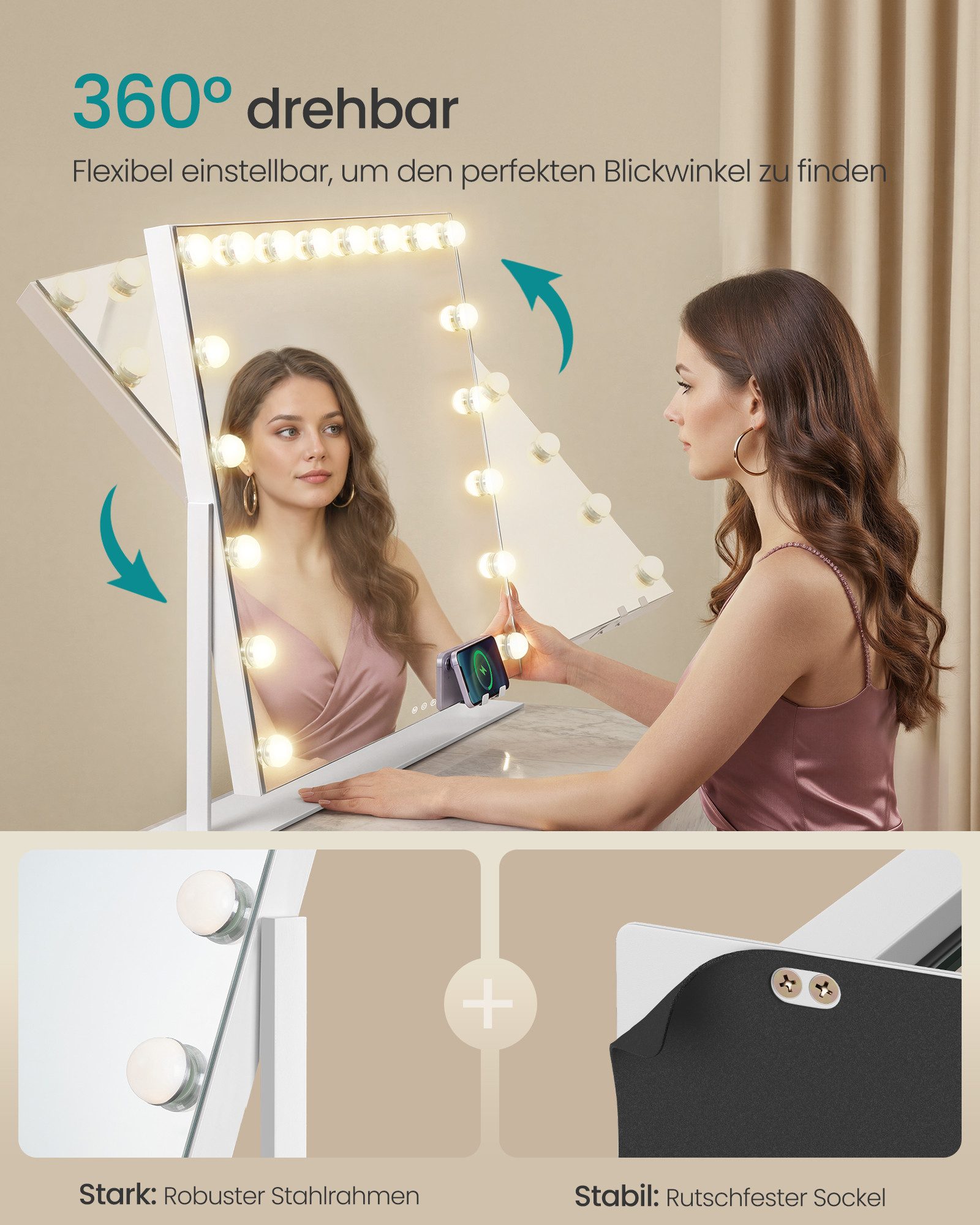 SONGMICS Schminkspiegel mit Beleuchtung, Kosmetikspiegel Touch-Steuerung, dimmbar, Handyhalter, mit 18 LED-Glühbirnen, mit USB-A und USB-C, 80 x 60 cm – Bild 5 von 5