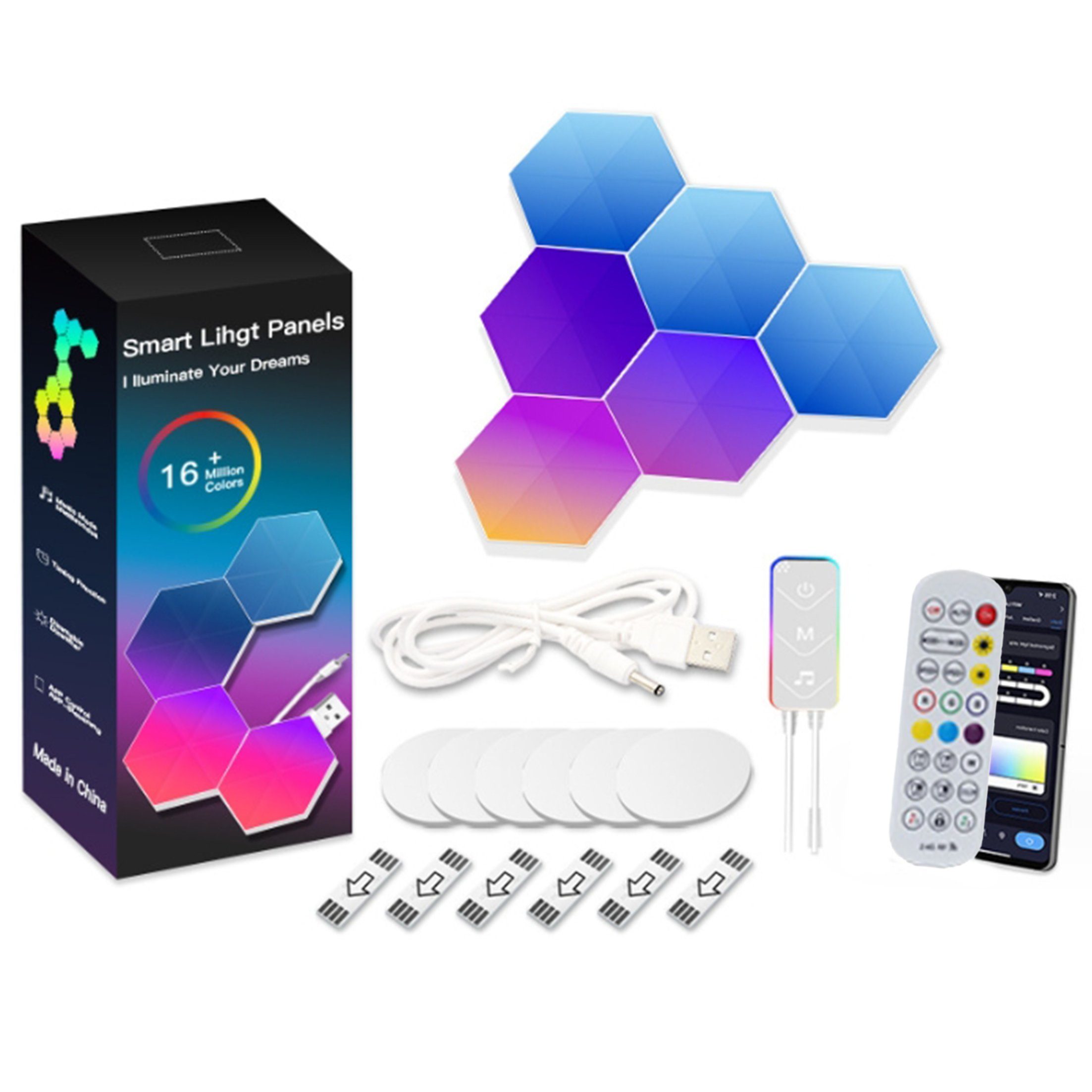LANOR LED Rückwandbeleuchtung Sechseckige Farb-LED-Paneele,RGB Smart Sync,dekorative Lichter, Bluetooth APP, RGB, Doppelkopf-USB-Kabel,Waben-Wandleuchter,Spiel-Lichtdekoration
