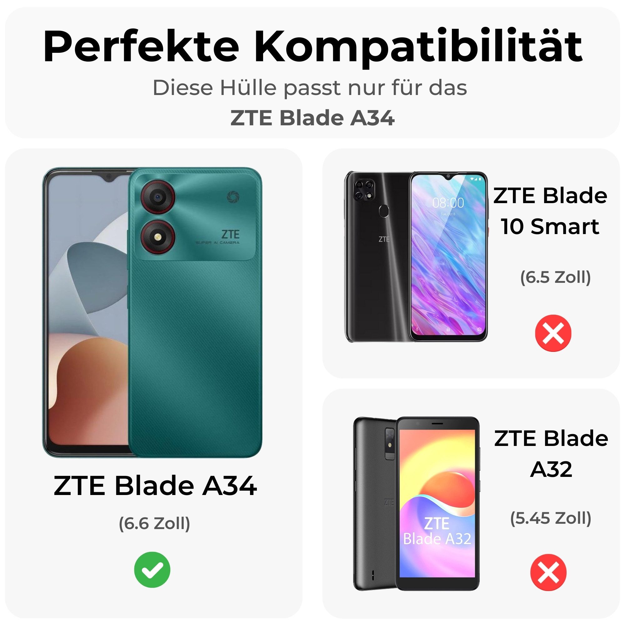 betterfon Handyhülle Handytasche für ZTE Blade A34 Klapphülle Flip Case, Bookstyle-Hülle: Magnetverschluss 3 Kartenfächer & Standfunktion