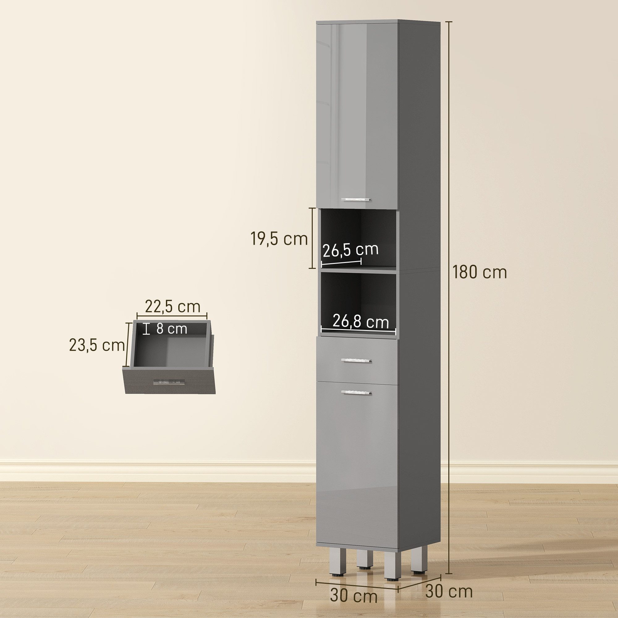 Kleankin Badkommode Badezimmerschrank Hochschrank verstellbare Ablage 2 offene Fächer (Toilettenschrank, 1 St., Badschrank), für kleine Räume Badezimmer 30 x 30 – Bild 3 von 5