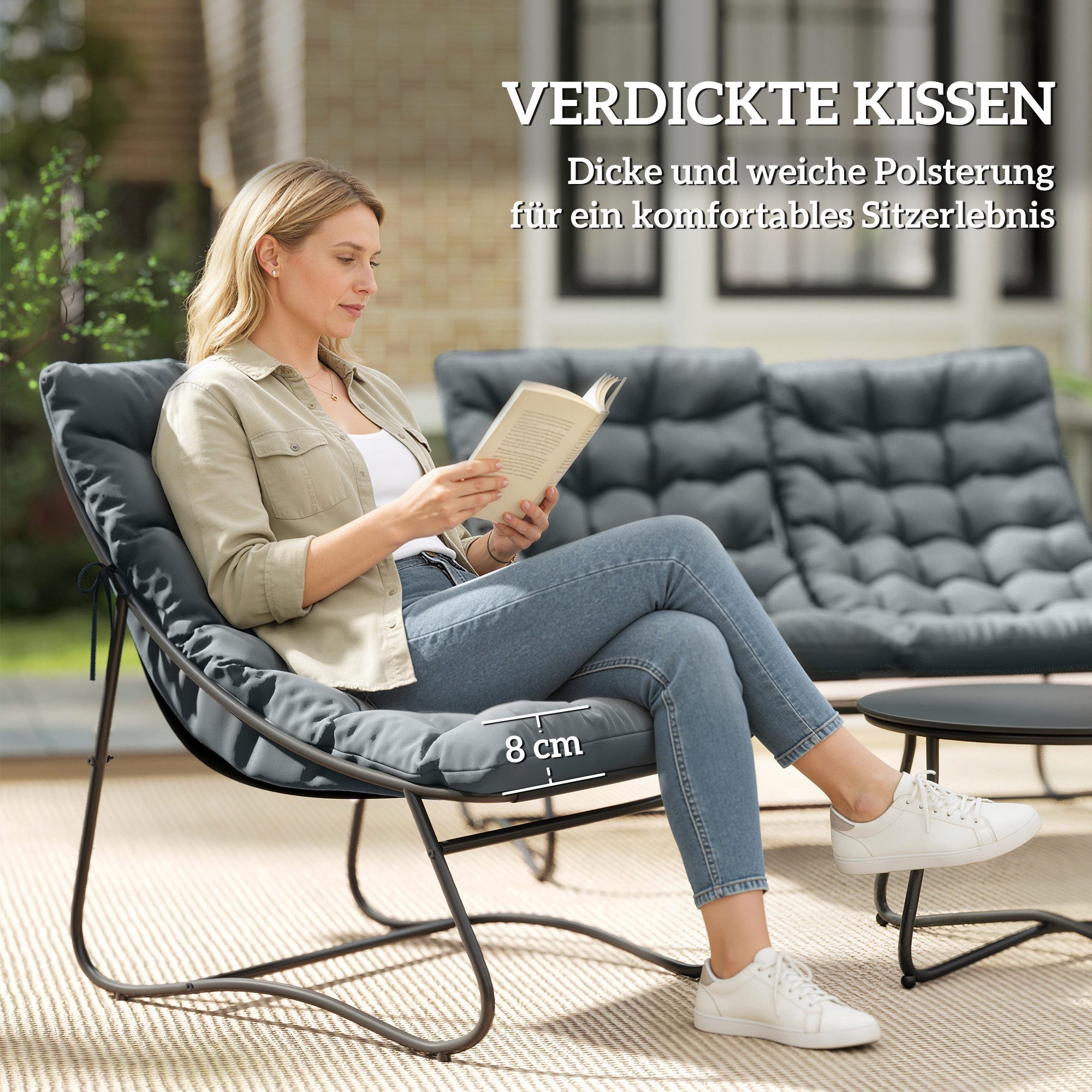 Outsunny Sitzgruppe 4 Personen mit 2er Sofa, Sessel, Beistelltisch, Sitzkissen, (Stahl Gartenmöbel Set 4, 4-tlg., wetterfest Balkonmöbel-Set), für Garten, Terra – Bild 4 von 5
