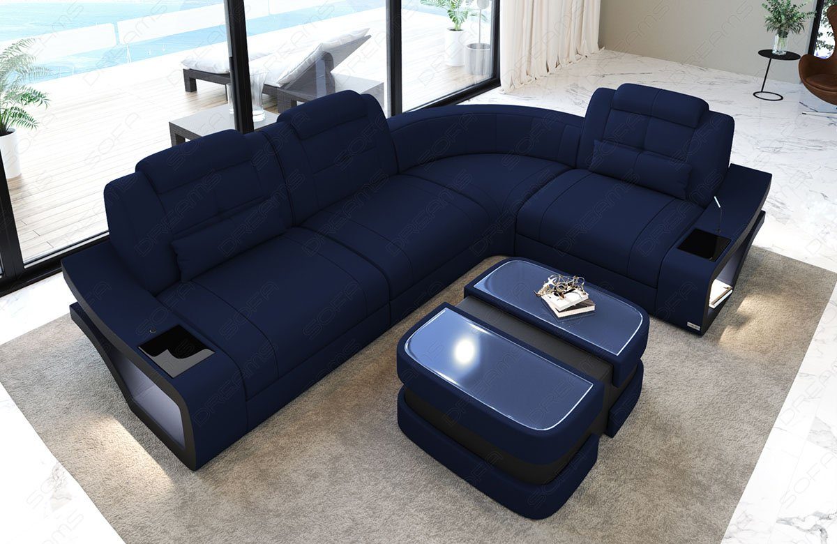 Sofa Dreams Ecksofa Polster Stoff Couch Sofa Elena L Form M Stoffsofa Mikrofaser dunkelblau-schwarz
