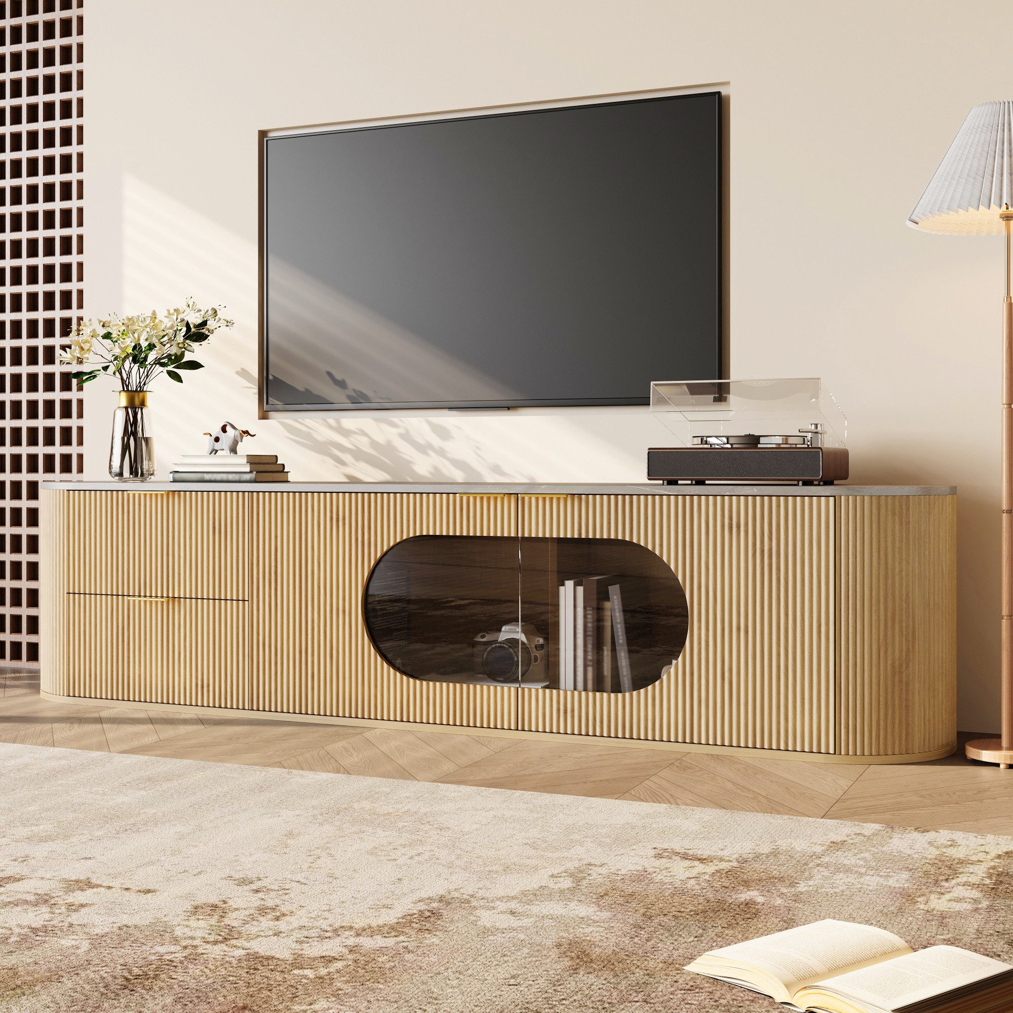 TV-Schrank TV-Lowboard in Holzoptik mit 3D-Front, ovaler Glasvitrine