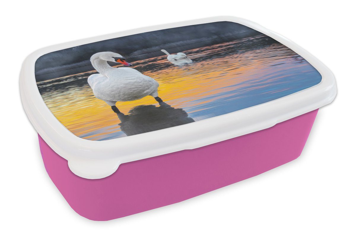 - Sonnenuntergang Snackbox, Lunchbox rosa Wasser, - für (2-tlg), Brotdose Kunststoff, Mädchen, Brotbox Kinder, Kunststoff Erwachsene, Vogel - Schwan MuchoWow