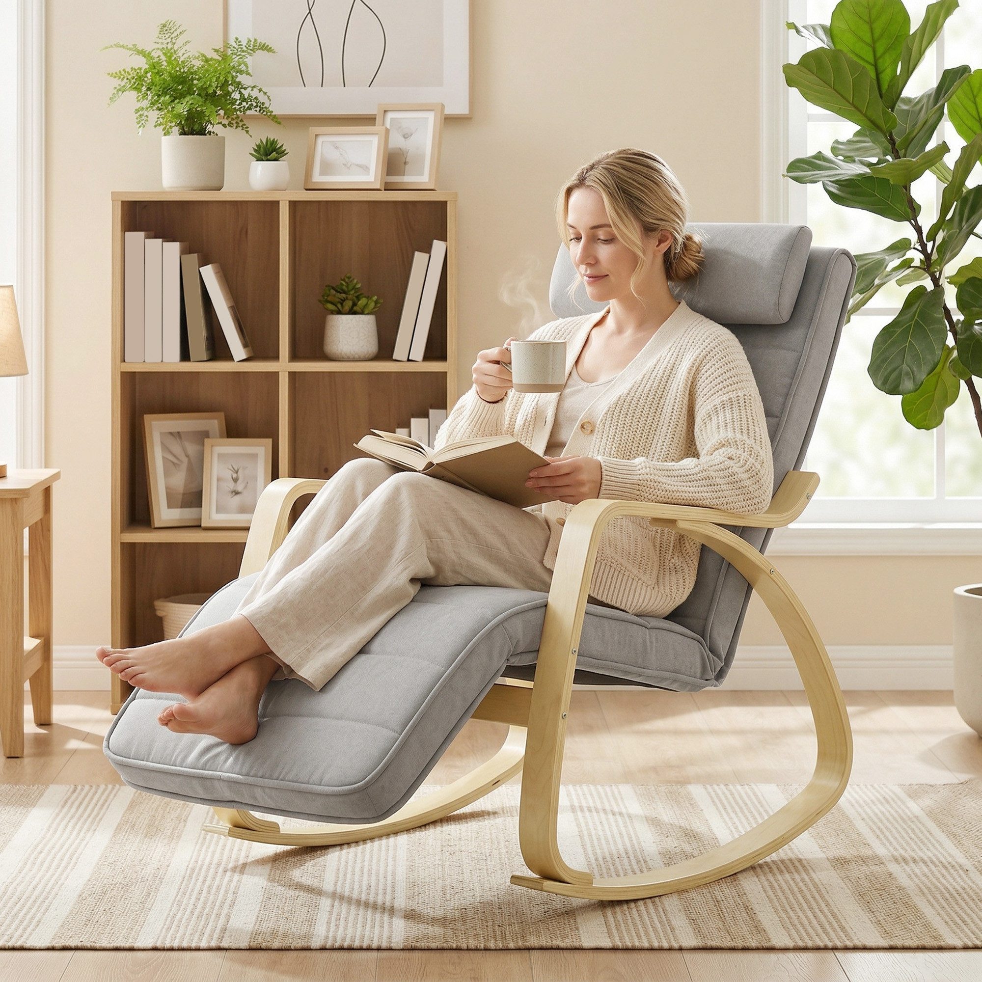 HOMCOM Schaukelstuhl Massagefunktion Heizung Kopfstütze (Lesesessel, 1 St), Schwingsessel für Wohnzimmer, Schlafzimmer, Hellgrau