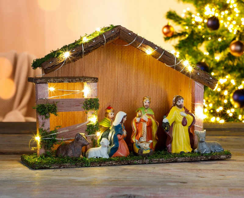 Spetebo Krippe Holz Weihnachtskrippe mit 9 Figuren - 20 LED (1-tlg), beleuchtet, handbemalt