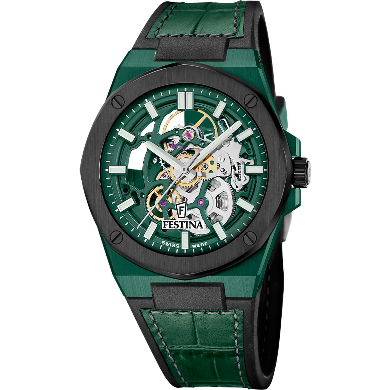 Festina Automatikuhr Automatic F22013_1, Armbanduhr, Herrenuhr, Swiss Made, Mechanische Uhr, Lederarmband