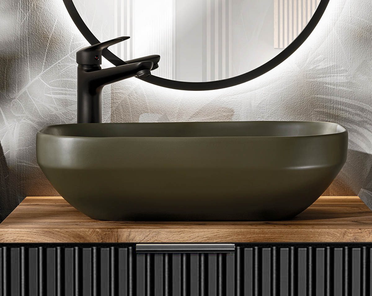 Thumbnail - einfachgutemoebel Waschtisch-Set Badezimmer Waschplatz Blackened 60cm, Becken grün matt, schwarz oak, (Badmöbel Set, 1-S...