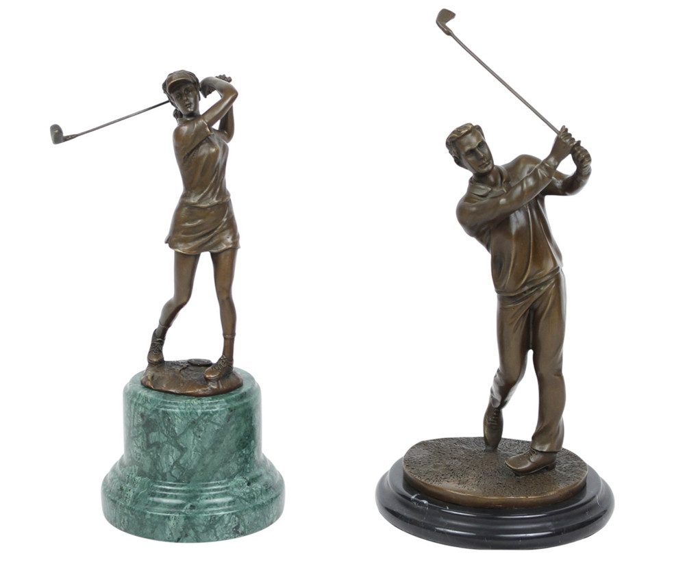 JS GartenDeko Dekofigur 2-er Set Bronze Golfer Golferin Bronzeskulpturen H 27 cm & 32,5 cm