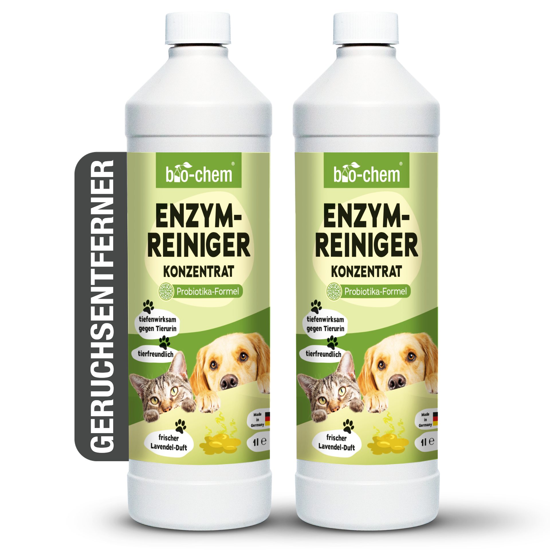 bio-chem Geruchsentferner Enzymreiniger 1 L Geruchsentferner gegen Urin, Katzen & Hundeurin (Sparpaket, Enzymreiniger Konzentrat 2x 1 L), Probiotisch & tiefenwirksam gegen Tiergeruch