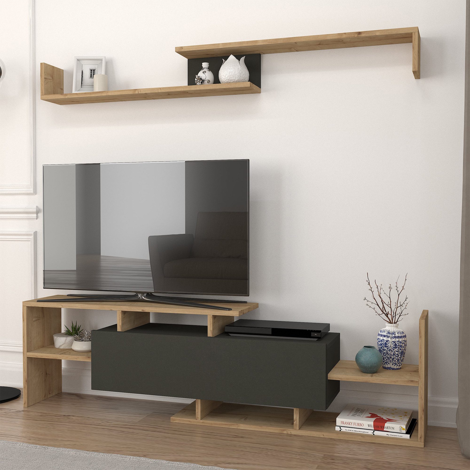 en.casa TV-Schrank »Liksefte« mit Wandregal 154x28x42 cm Saphir-Eiche/Schwarz