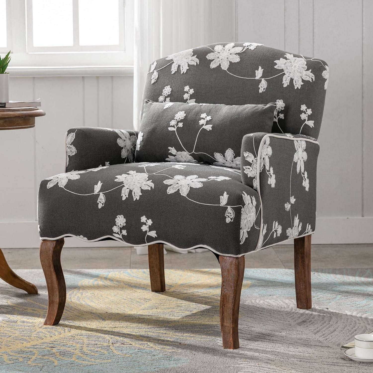 LuxusKollektion Cocktailsessel Sessel Polstersessel Armlehne Holzbeine Blumenmuster Kissen Grau