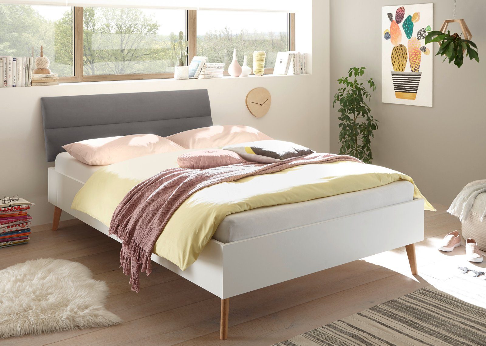 Furn.Design Einzelbett Helge grau, 140 (Bett Design oder weiß x mint Polsterung cm), mit Eiche, in skandinavisches Liegefläche in 200