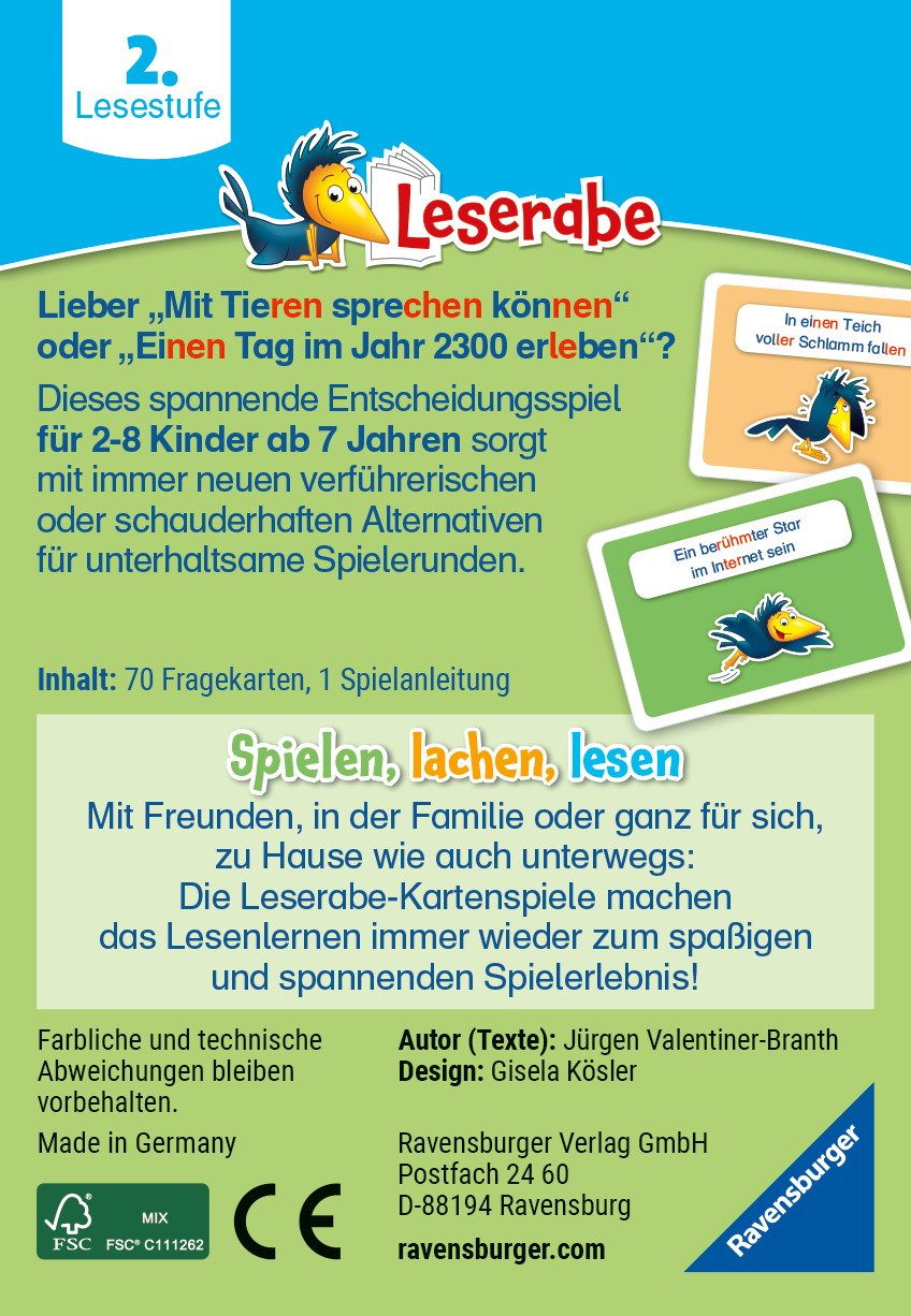 Ravensburger Spiel Kartenspiel Quizspiel Leserabe Was magst du lieber? 23497