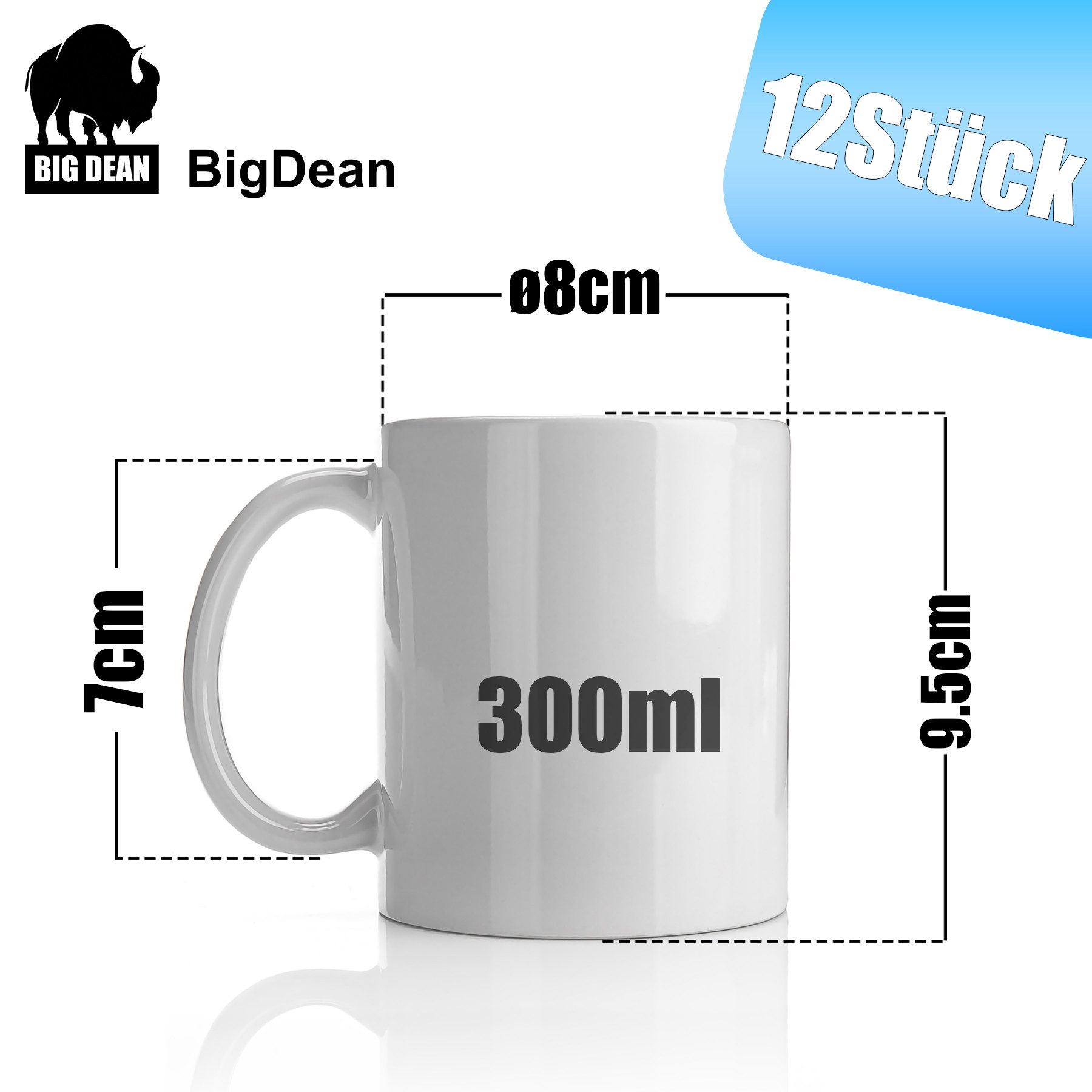 BigDean Becher 12 Stück große Kaffeebecher weiß 300ml aus, 12-tlg., Porzellan, Klassisches Design, Kaffeebecher, Bemal Bar, Kratzfest, Robust