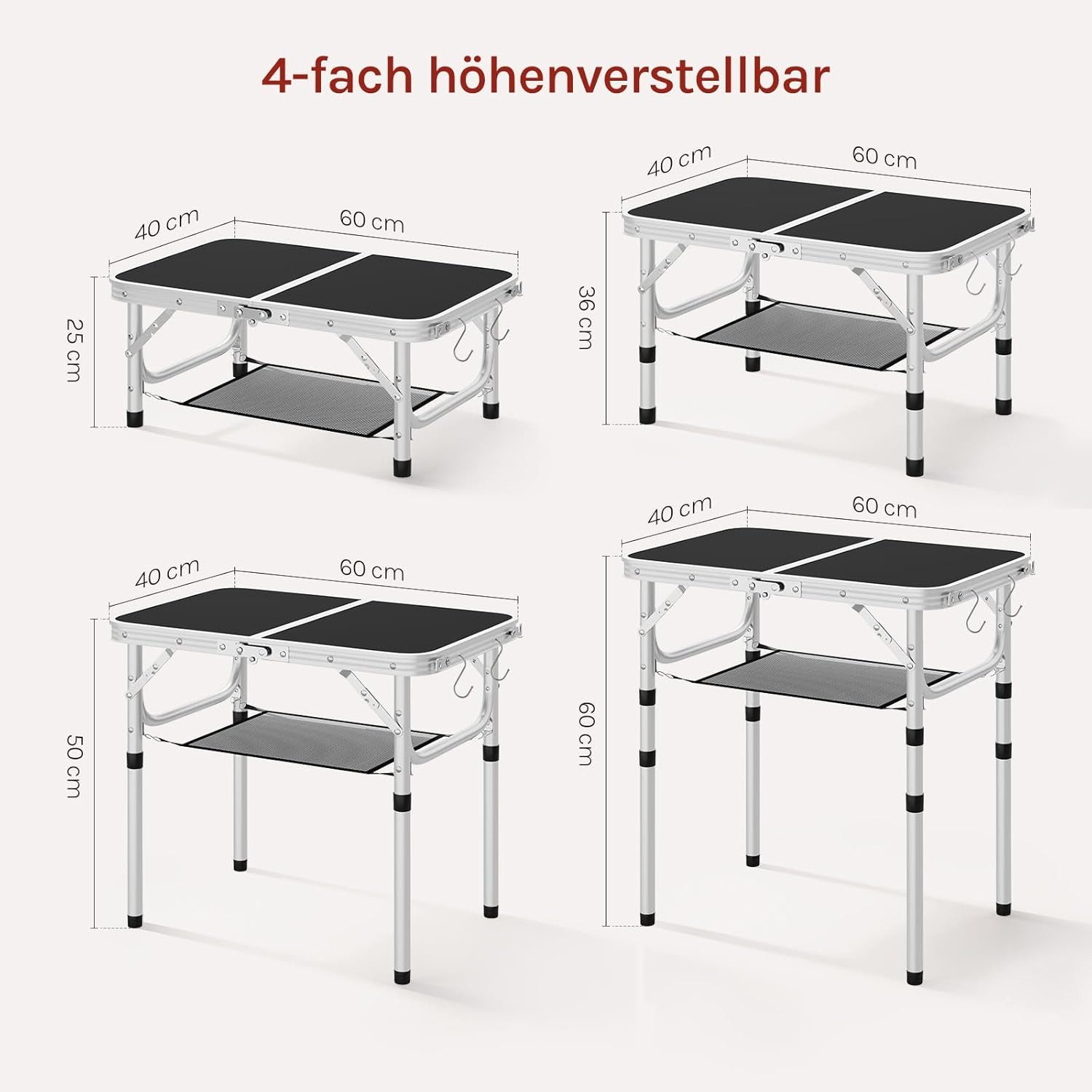 Woltu Klapptisch, höhenverstellbar 25/36/50/60 cm, Campingtisch 60x40cm Tischplatte
