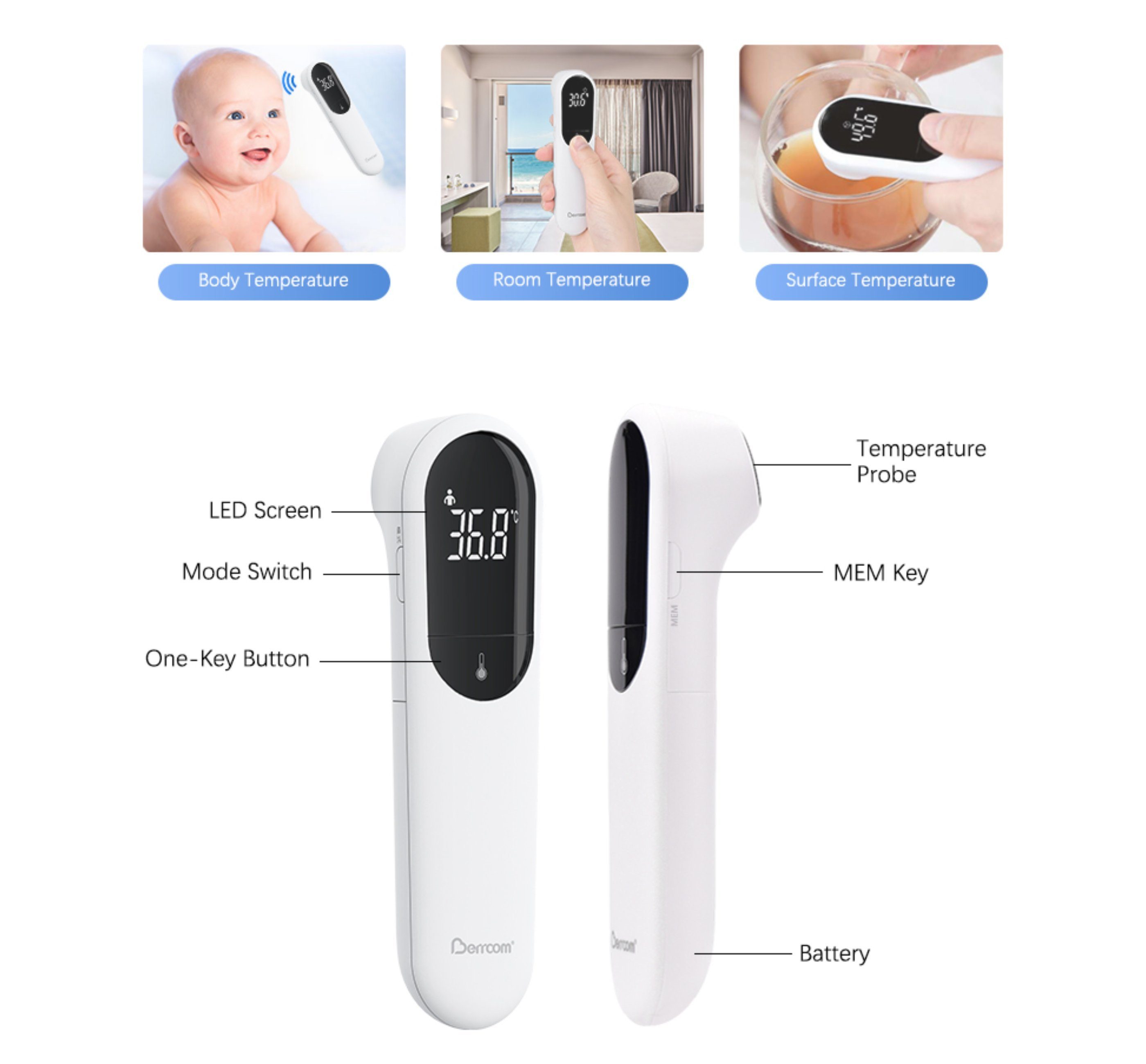 Stirn-Fieberthermometer die 32 Sätze, Berrcom Infrarot-Digitalthermometer 3 Speicher: Farben, für 0℃ medizinisch, Anwendungsbereich: Berührungsloses ~80℃ Stirn,