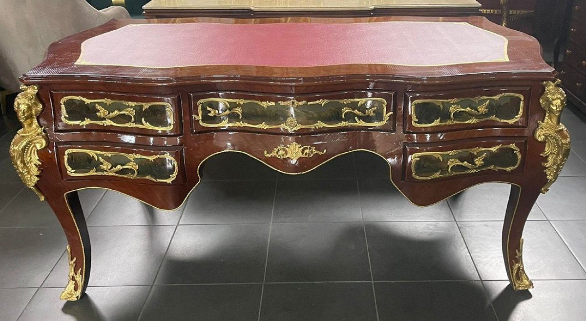 / Massivholz im Büro Schreibtisch Casa Handgefertigte - - Barockstil Möbel Barock Rosa Prunkvoller Braun Schreibtisch Bürotisch Barock Mehrfarbig Gold / / Padrino