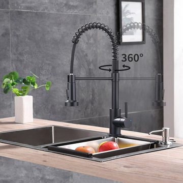 HOMELODY Spültischarmatur Wasserhahn Küche Schwarz mit Ausziehbar Brause Spiralfederarmatur