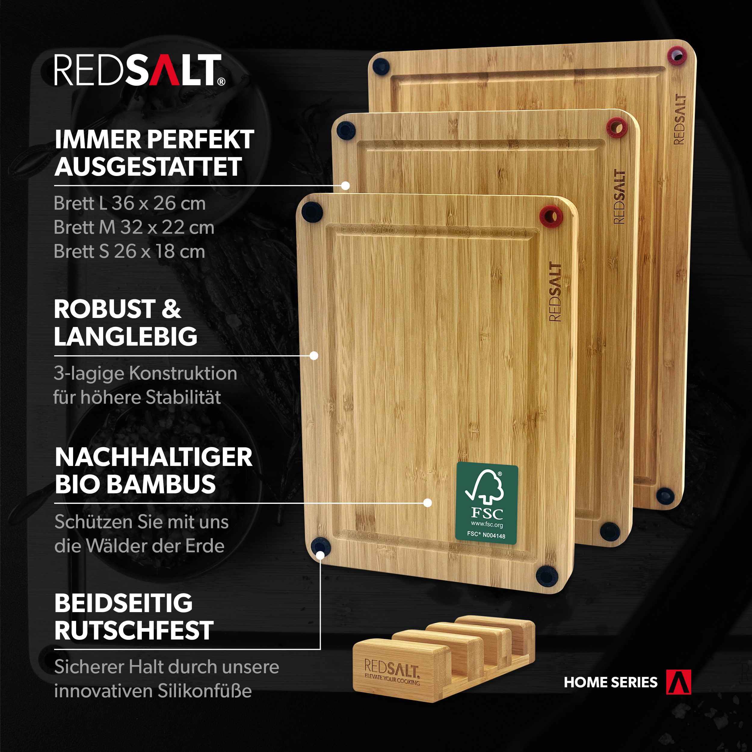REDSALT® Schneidebrett innovatives Bambusbrett 3er Set rutschfest, 3er Set, (3er Set, 38x26x1,5, 32x22x1,5, 26x18x1,5 cm), 100% Bio Bambus, tiefe Saftrille, beidseitige Silikonfüße