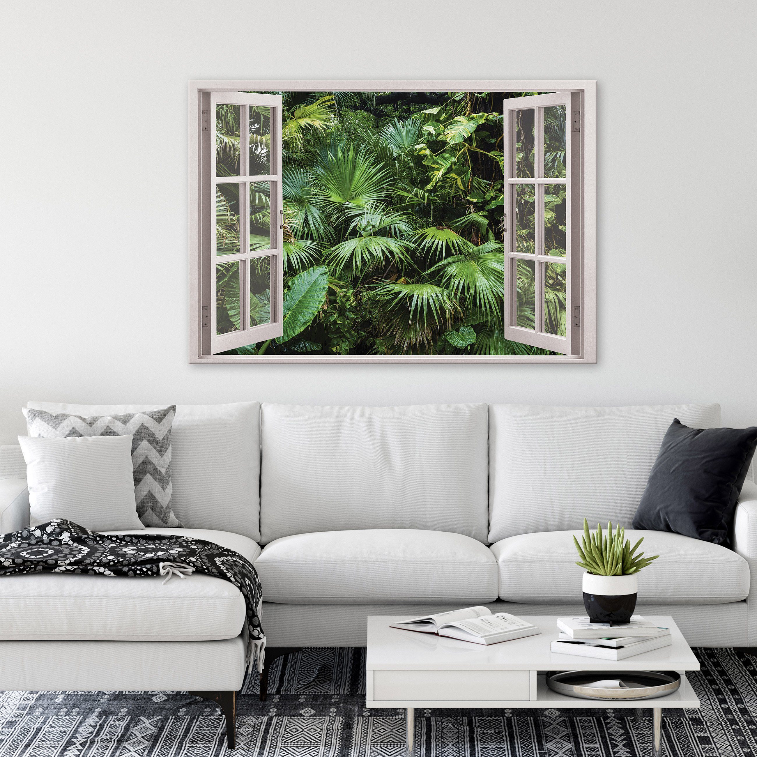 Wallarena Kunstdruck (Einteilig), Leinwandbilder Wohnzimmer Canvas Fensterblick Wald Groß Bild Schlafzimmer, Bilder Auf Modern Grün Dschungel Wandbilder Leinwand Wandbild Leinwandbild Fenster Aufhängefertig Blätter XXL für