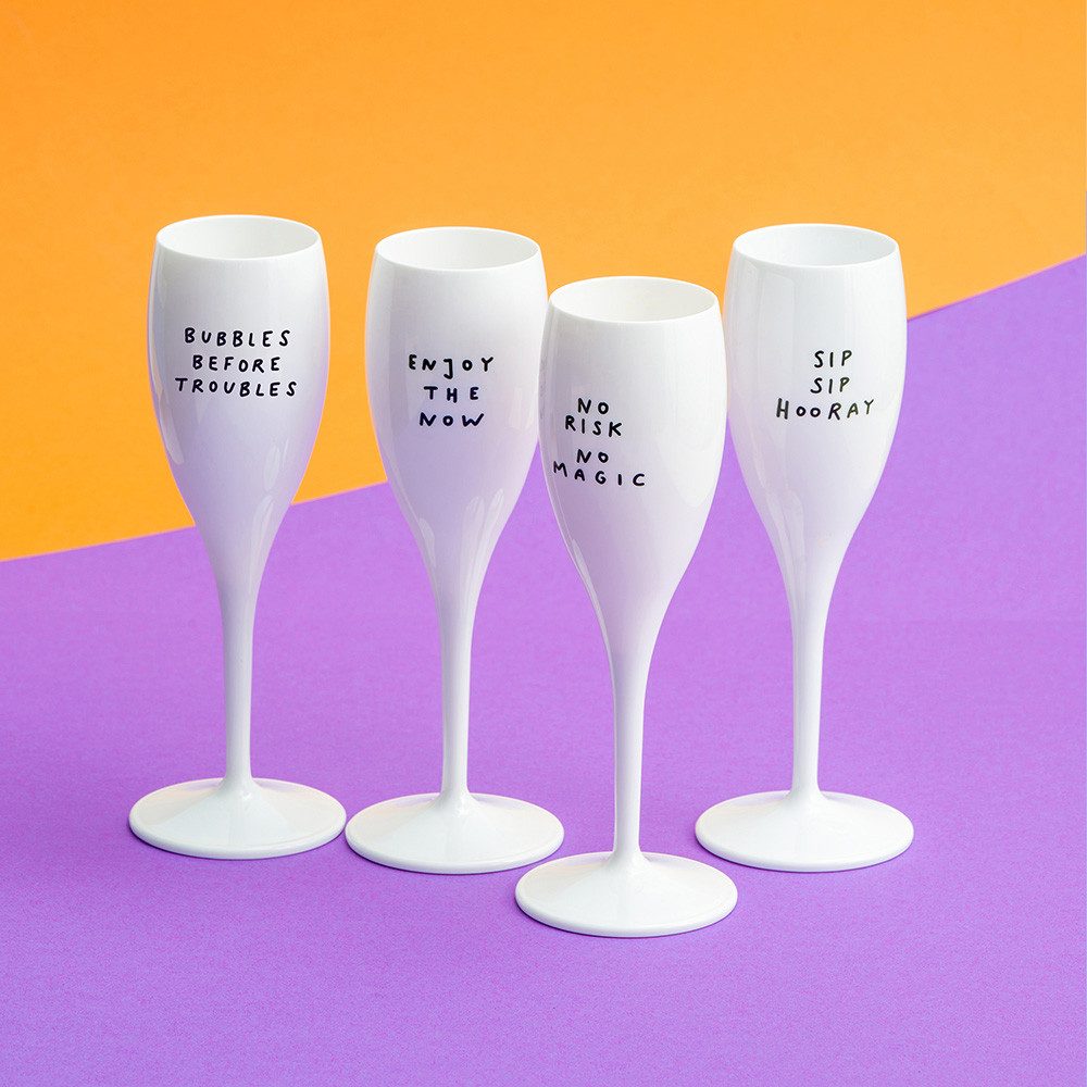 KOZIOL Sektglas CHEERS No. 1 SAY IT IN STYLE Glas 100 ml mit Druck, 4 Motive, 4-tlg., Kunststoff, spülmaschinengeeignet