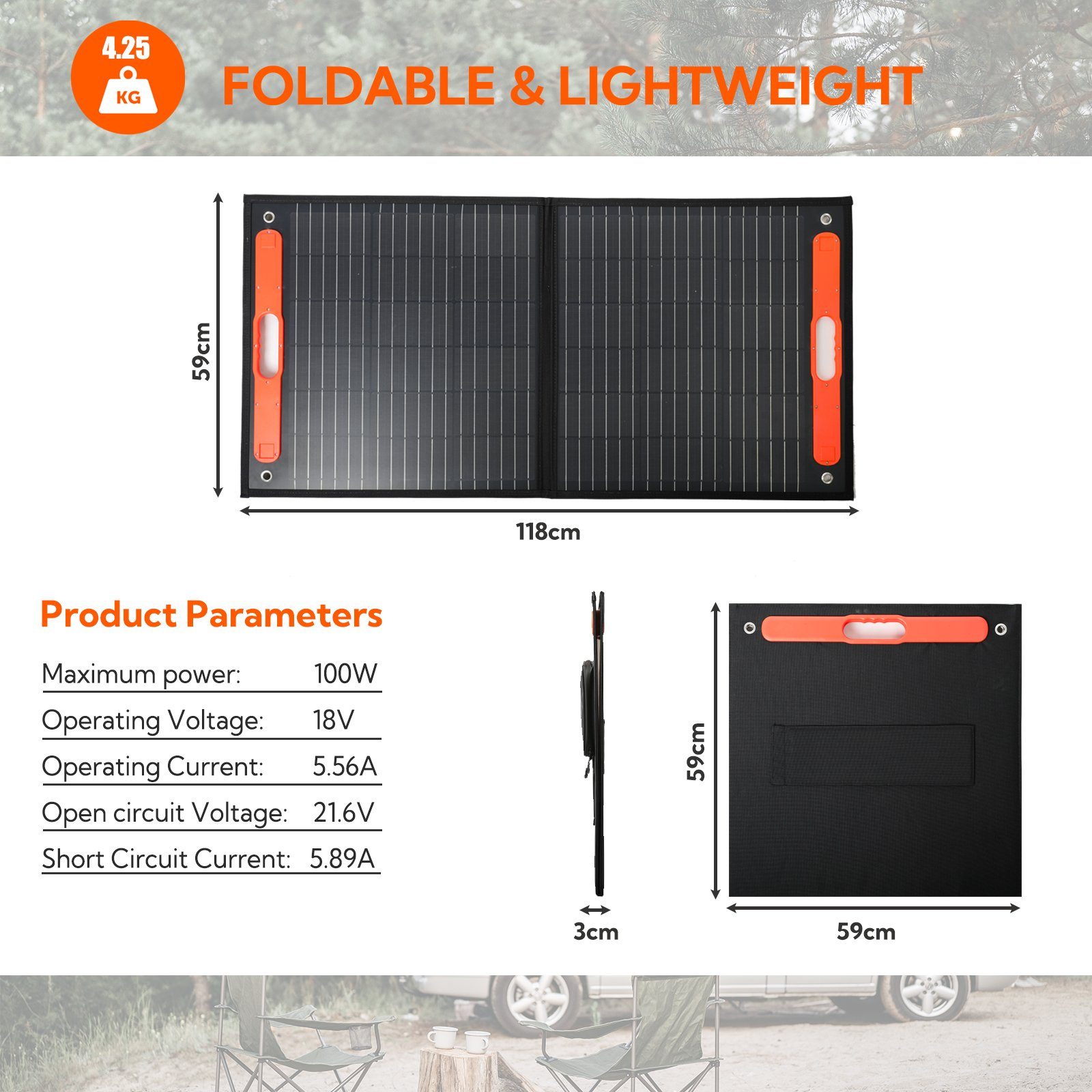 HOMEMORE 100W Faltbares Solarpanel Solarladegerät Solarmodul Solarladegerät (18V Monokristallines, mit USB Type-C DC Ausgängen für Camping, Auto, Wohnwagen)