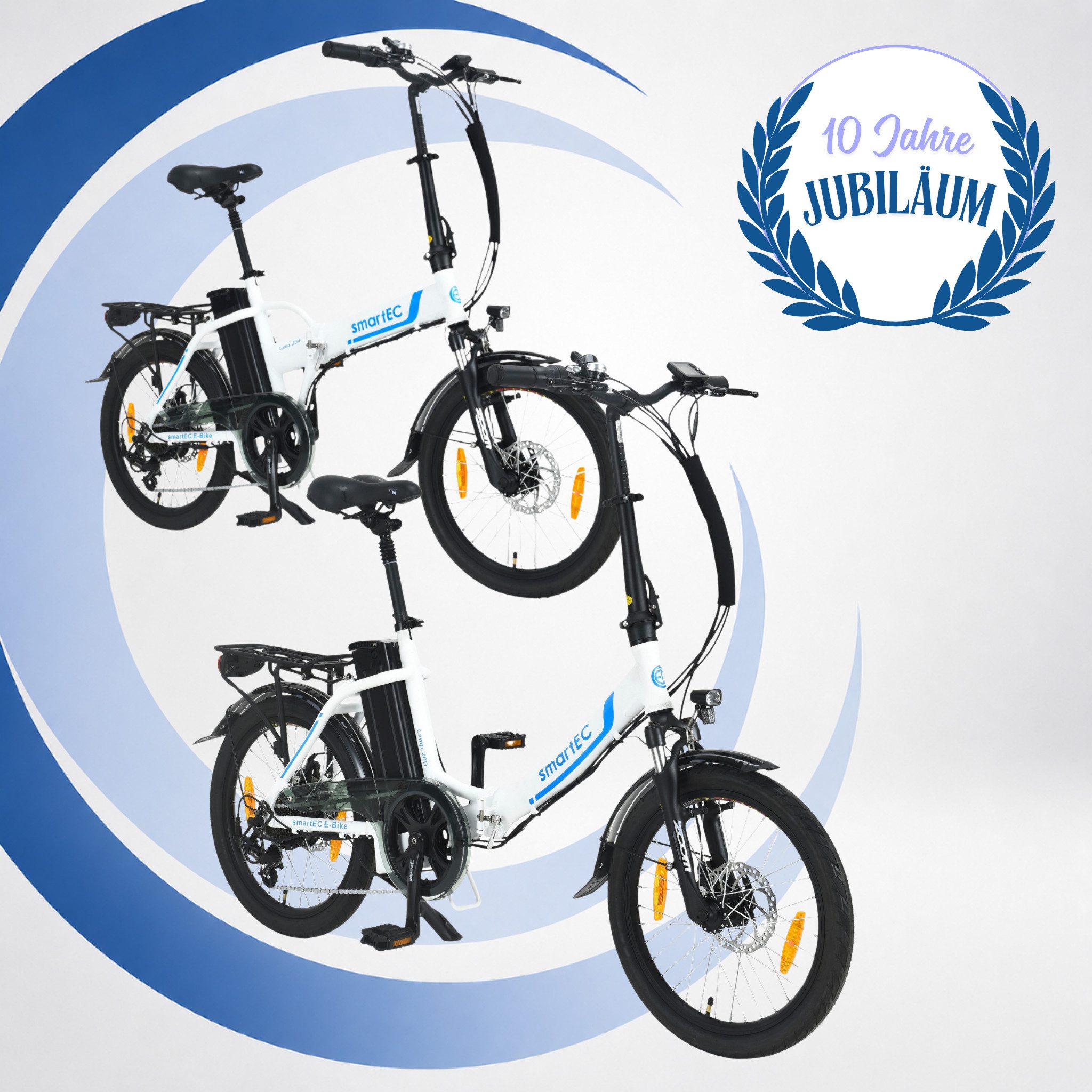 smartEC E-Bike Klapprad 2er Pack Camp-20D & 20H Falt Pedelec/E-Bike 20 Zoll Weiß smartEC, 7 Gang Shimano Tourney Schaltwerk, Kettenschaltung, Hinterrad-Nabenmotor, 562.00 Wh, (2er Set, 12 tlg., Akku mit Ladegerät), Damen/Herren Unterstützung 25 km/h Anfahrhilfe Scheibenbremse StVZO