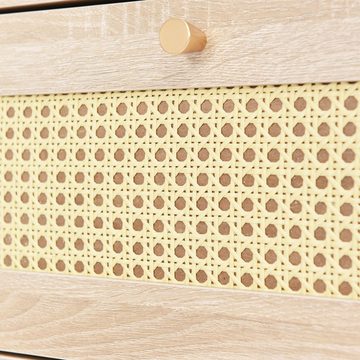 Sweiko Kommode, Sideboard mit 3 Schubladen, Holz-Rattan-Schrank, 48,5*48,6*79,5cm