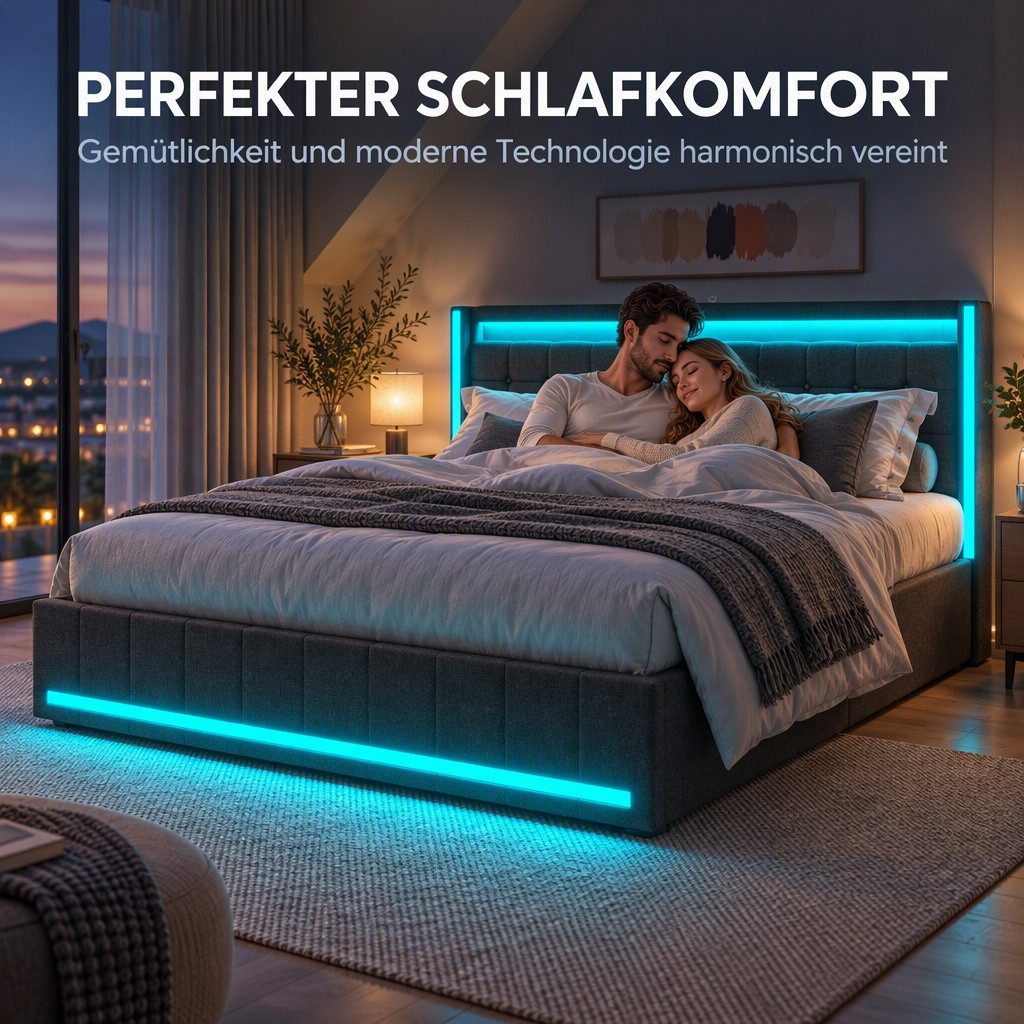 PXloue Polsterbett LED-Bett mit Stauraum und Ladeanschluss (Geeignet für Jugendliche und Erwachsene), Fernbedienung für LED-Farben und sicheres Leinenmaterial 1 – Bild 4 von 5