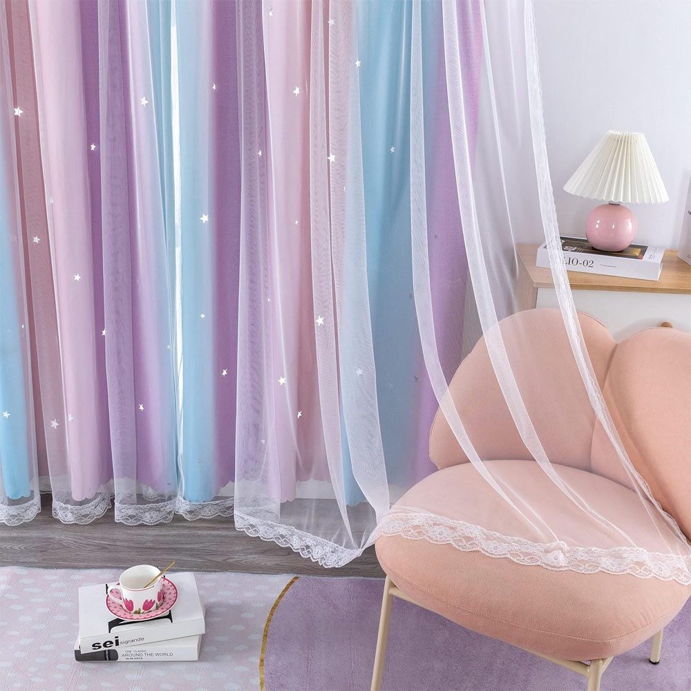 TUWENA Verdunkelungsvorhang Verdunkelungsvorhänge, Glänzend Sterne Vorhänge Farbverlauf 2er Set, Sterne Pattern Mix Weiß Voile Vorhänge mit Ösen Schlafzimmer Ga – Bild 4 von 5