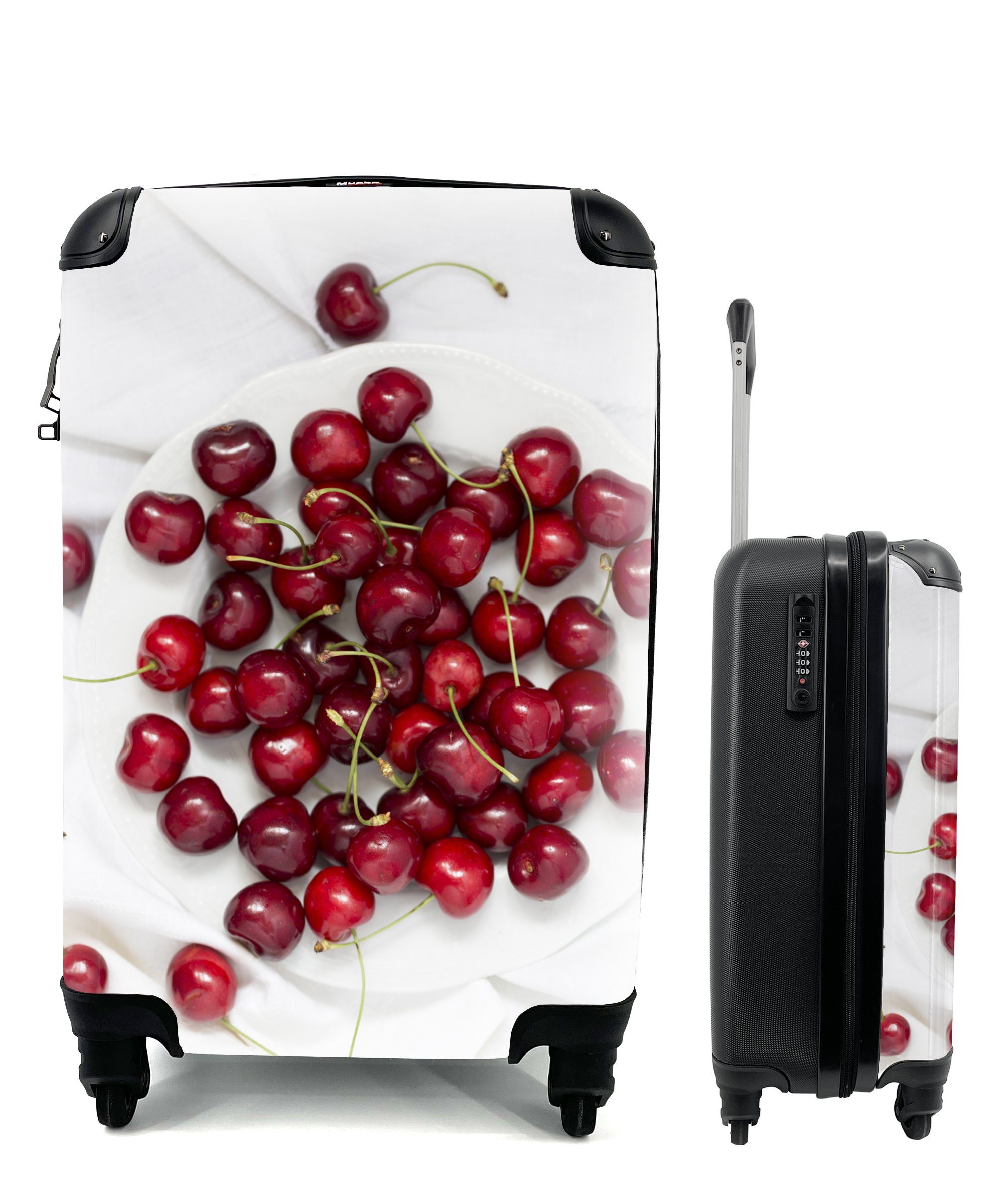 MuchoWow Handgepäckkoffer Kirschen - Obst - Weiß, 4 Rollen, Reisetasche mit rollen, Handgepäck für Ferien, Trolley, Reisekoffer | Handgepäck-Koffer