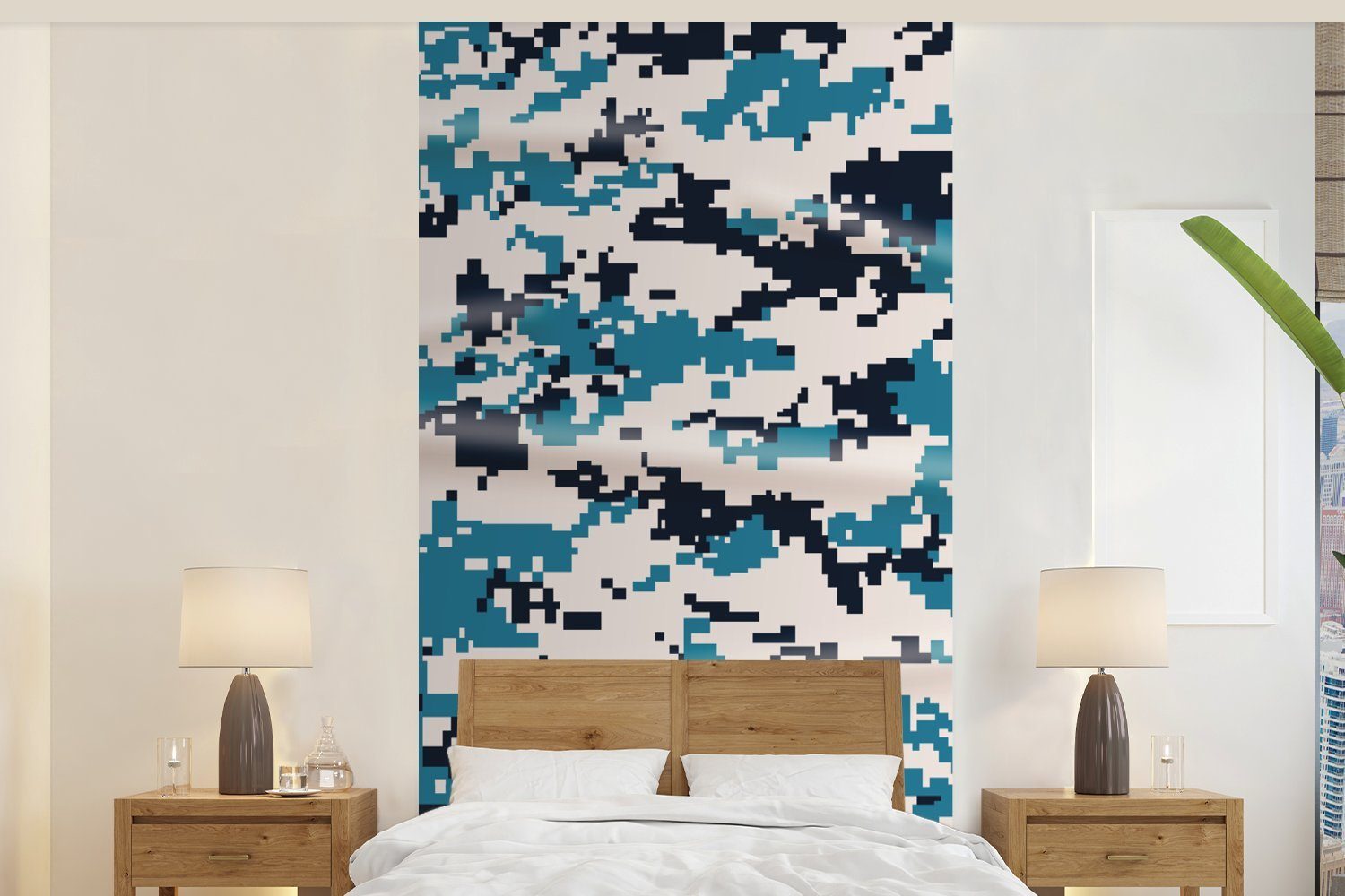 MuchoWow Fototapete Blaues und weißes Camouflage-Muster, Matt, bedruckt, (2 St), Vliestapete für Wohnzimmer Schlafzimmer Küche, Fototapete
