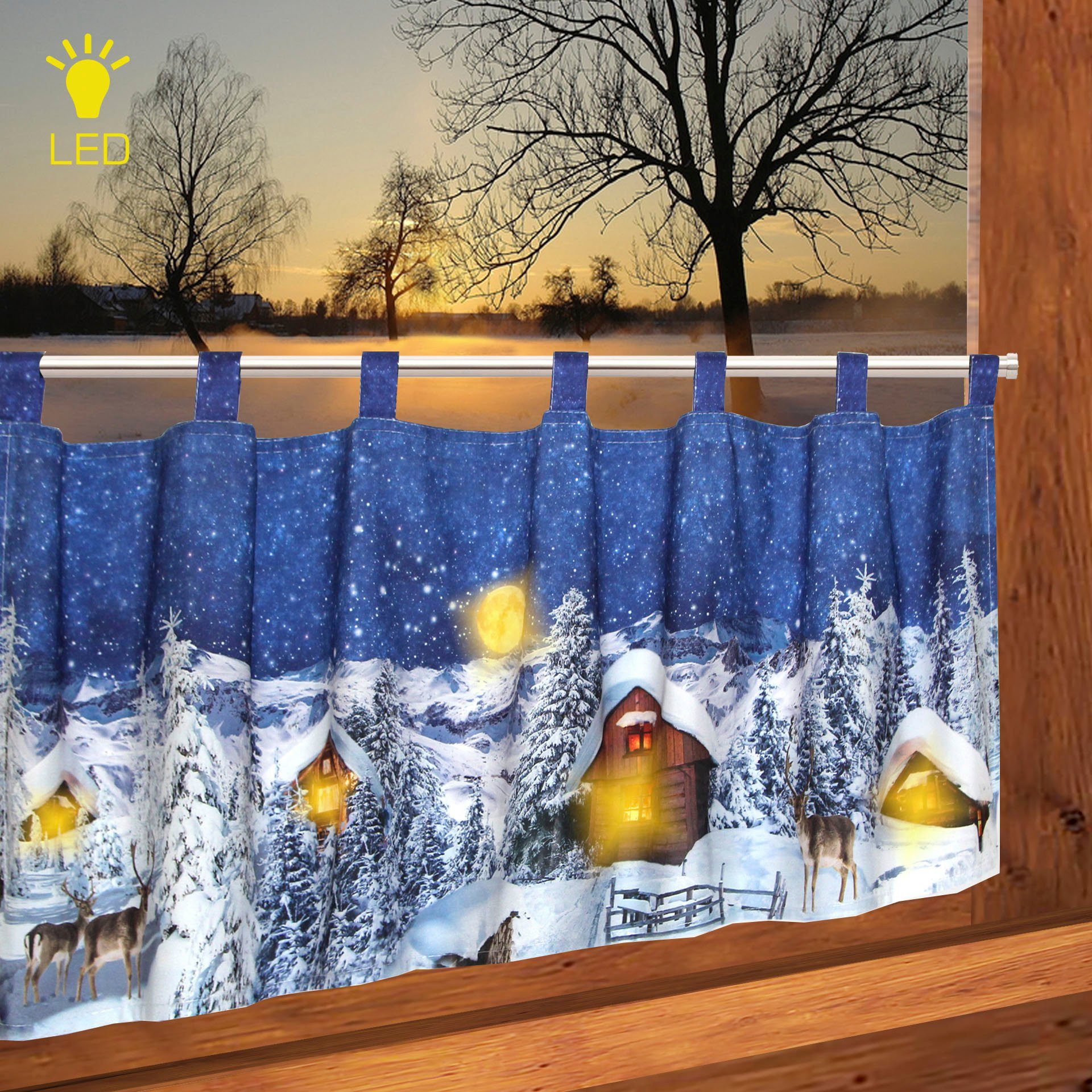 Scheibengardine Weihnachtsdorf, Delindo mit Schlaufenaufhängung, Lifestyle, für Küche, St), blickdicht, die LED-Beleuchtung Microfaser, mit (1 Schlaufen