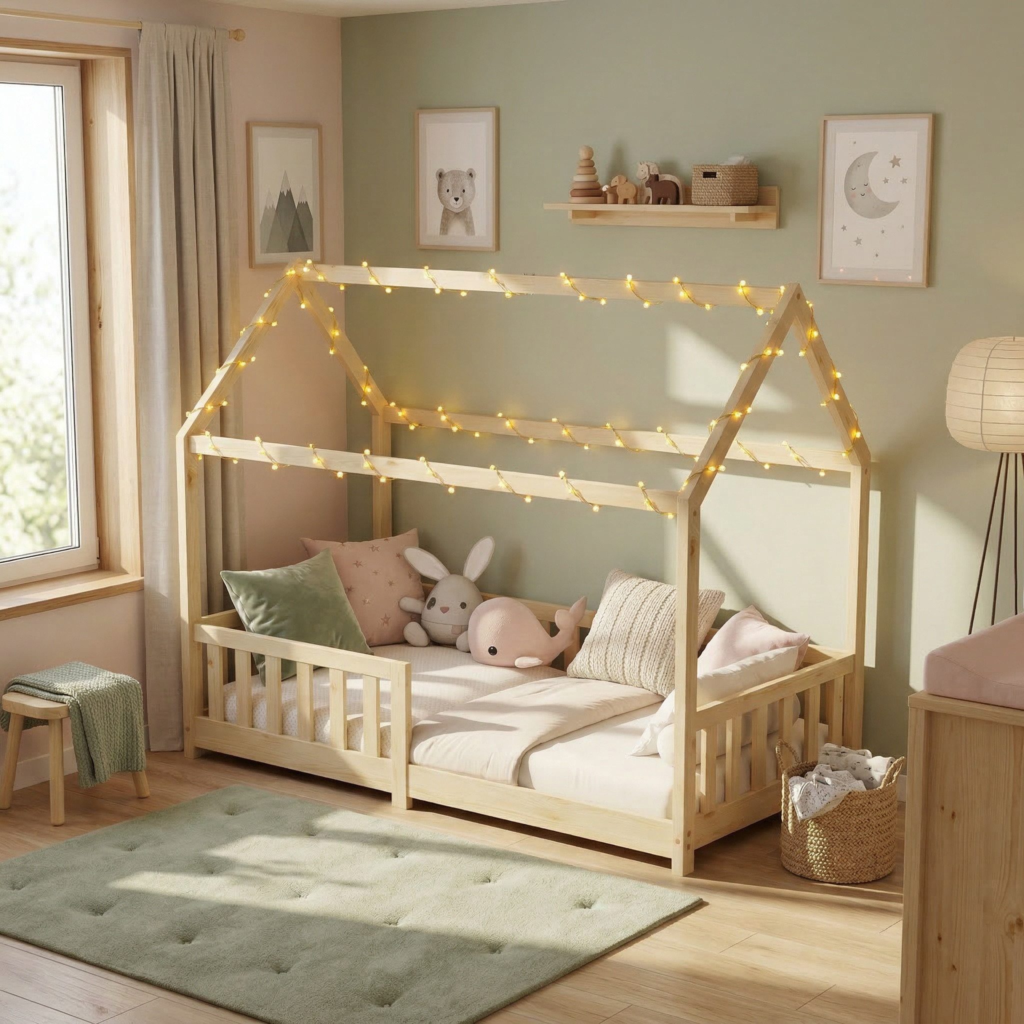 ecoMI Kinderbett Hausbett, Rausfallschutz, Lattenrost, 90x200 & 80x160, Weiß & Natur, Hausbett, Rausfallschutz, Lattenrost, 90x200 & 80x160, Weiß & Natur