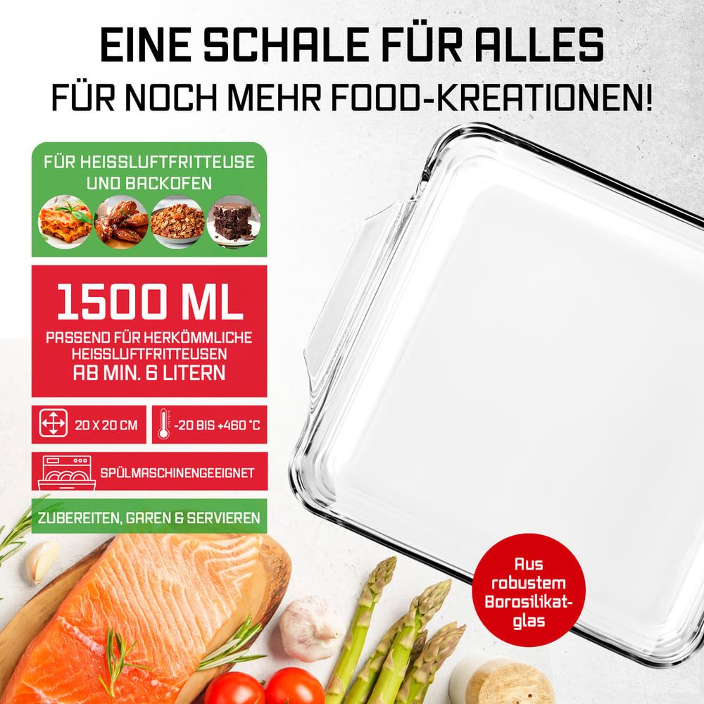 GOURMETmaxx Auflaufform Auflaufform transparent quadratisch 1500ml, (1-St), aus Glas für Heißluftfritteuse & Ofen Zubereiten Garen Servieren